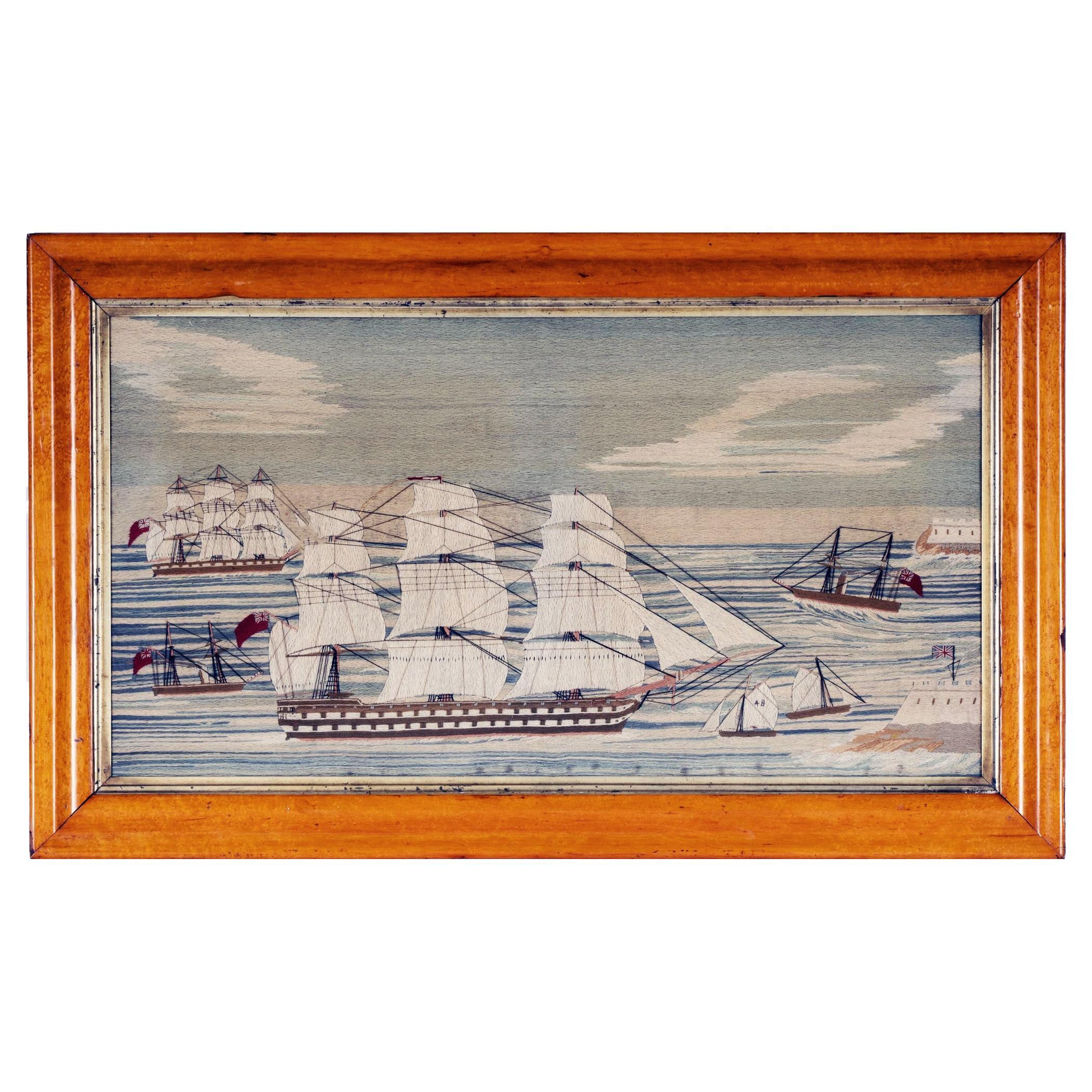 Sailor's Woolwork of HMS Conqueror Entering Malta Harbor with Five Other Ships