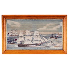 Antique Sailor's Woolwork of HMS Conqueror Entering Malta Harbor with Five Other Ships