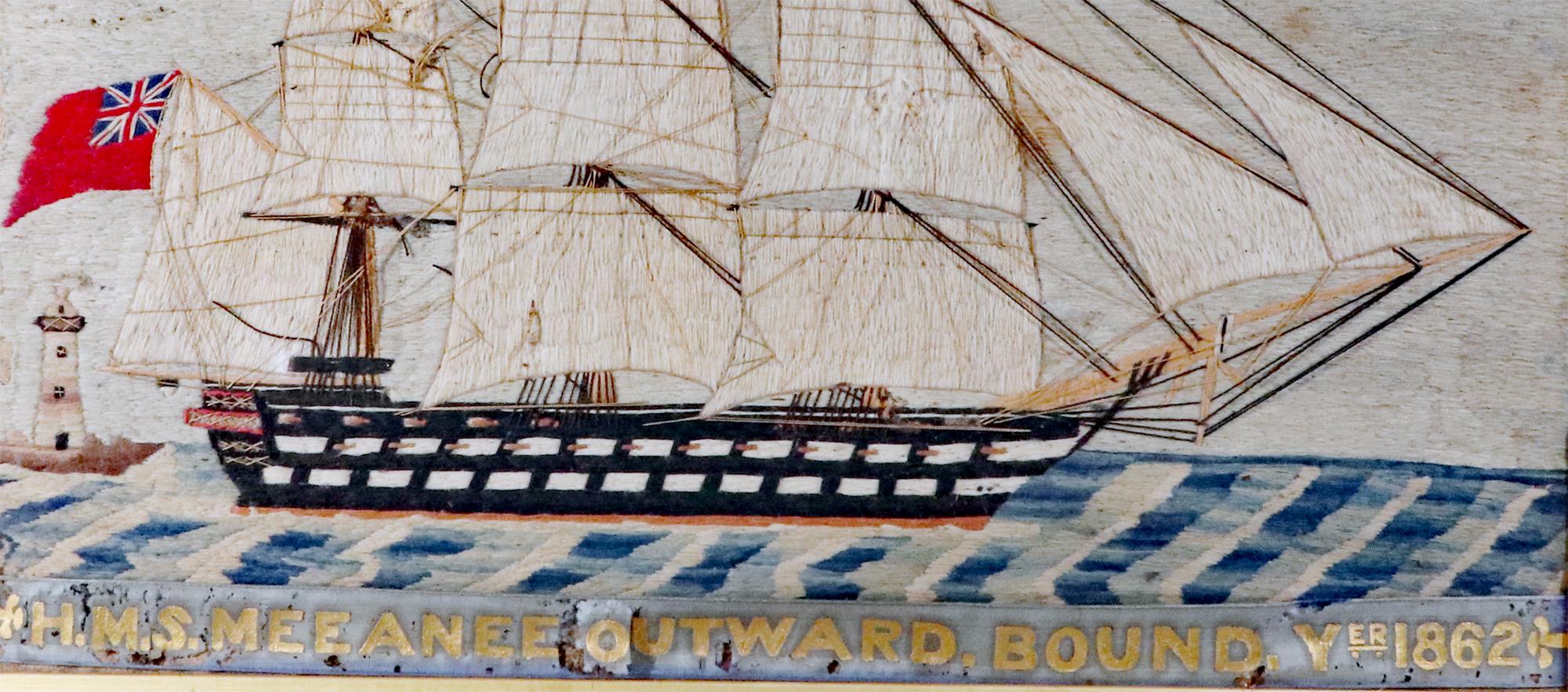 Matrosenwolle der H.M.S. Meeanee Outward Bound, Jahr 1862.

Die britische Seemannsarbeit zeigt eine Steuerbordansicht der H.M.S. Meeanee, die einen Leuchtturm passiert, während sie einen unbekannten Hafen verlässt und auf einem wellenförmigen Meer
