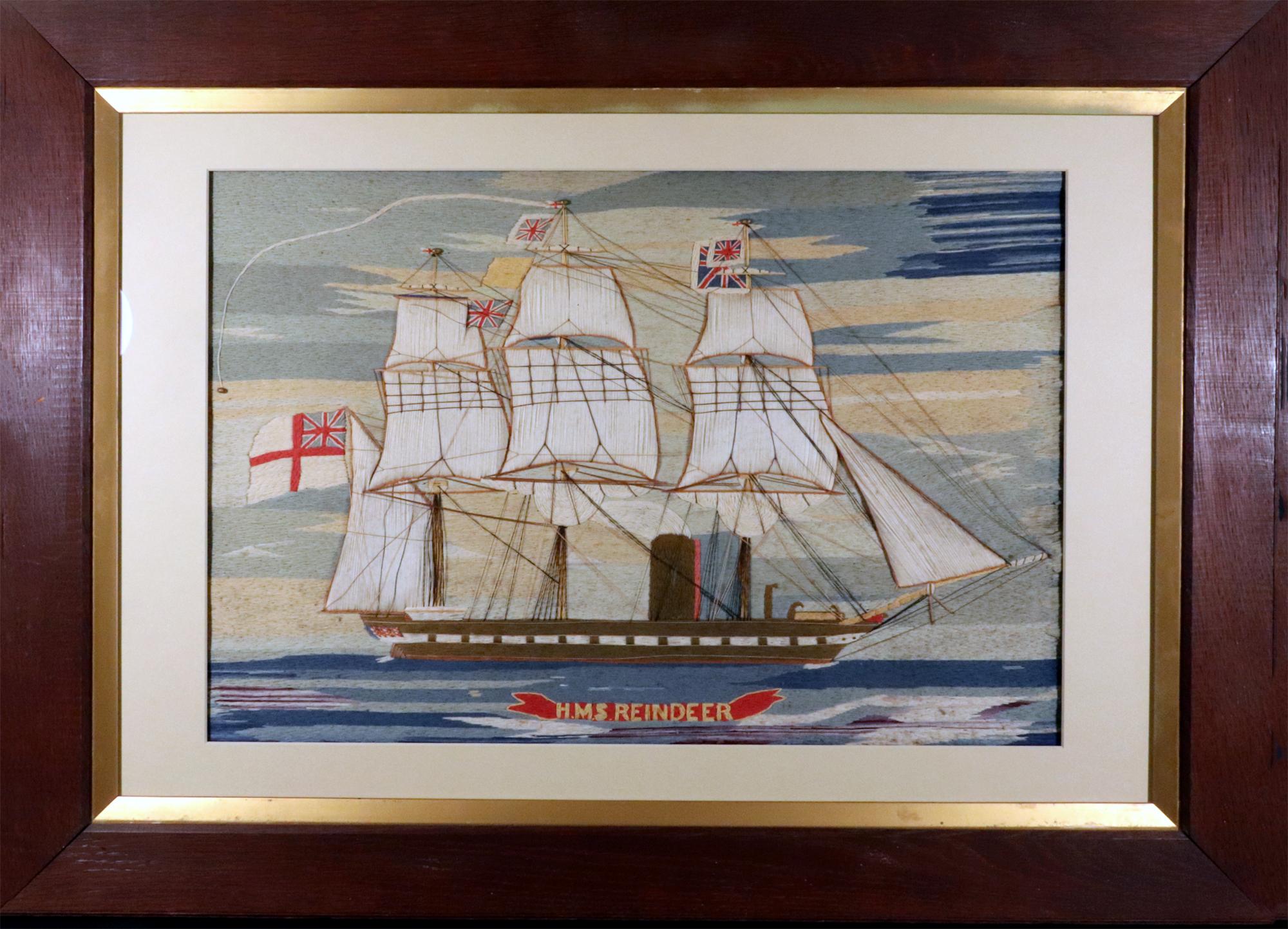 Sailor's Woolwork of HMS Reindeer of a Large Size,
Made by Henry Payn Hopper,
Circa 1865-70

The large woolie depicts a starboard side view of the HMS Reindeer under steam and sail. She sails on a wavy sea with a banner below in red with yellow