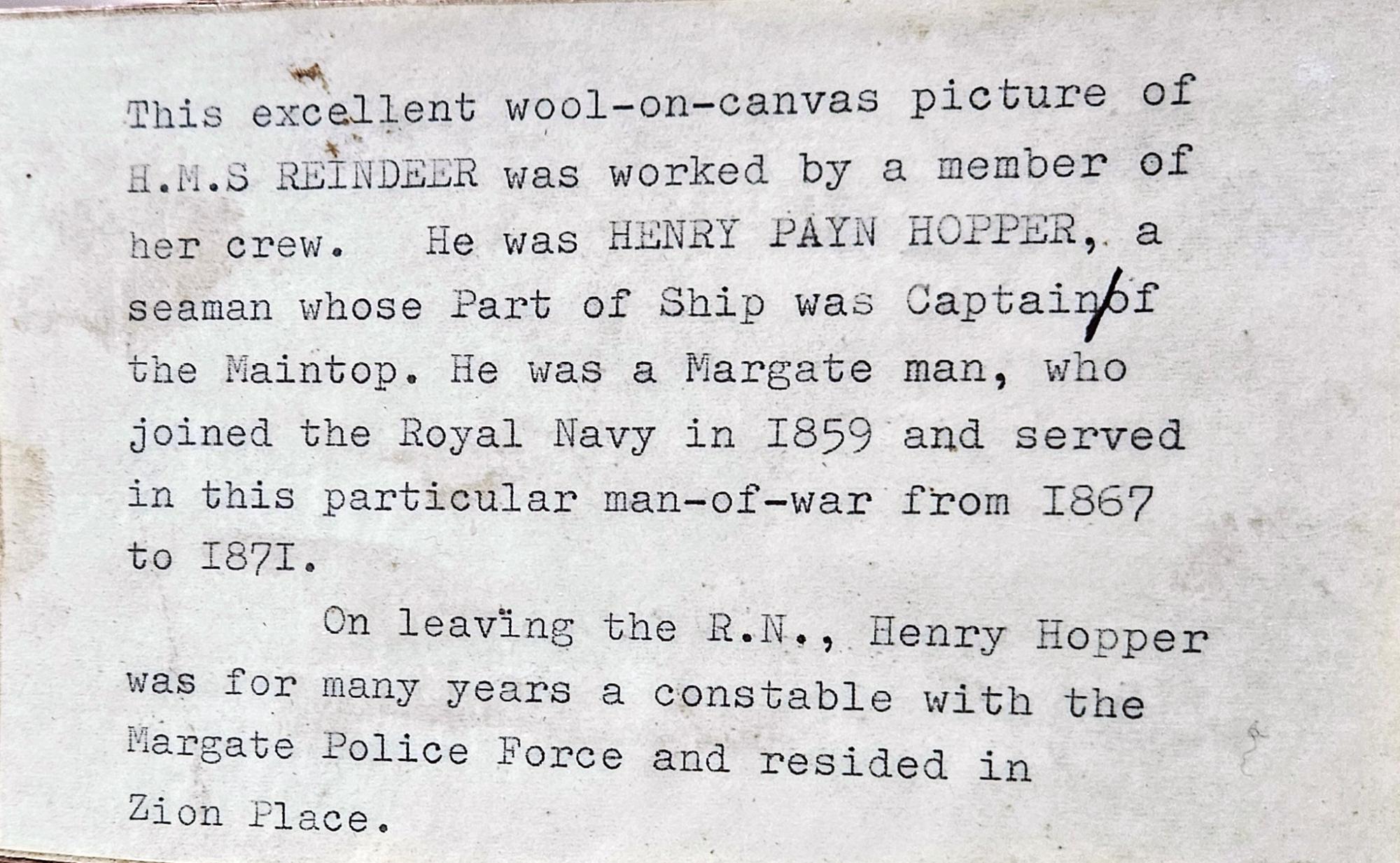 Folk Art Sailor's Woolwork of HMS Reindeer Made by Henry Payn Hopper For Sale