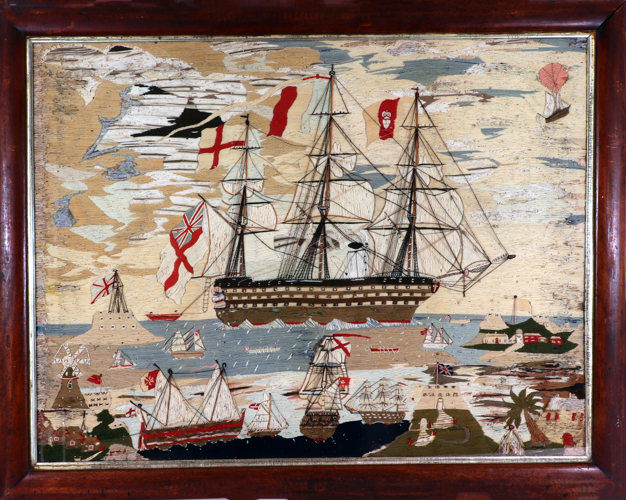 Sailor's Woolwork of Large Proportions with Multiple Ships, 
Circa 1865 

The extremely large detailed woolwork depicts, in the center, a fully dressed First Rate Royal Navy Battleship sailing under sail and steam in a harbor surrounded by a sea