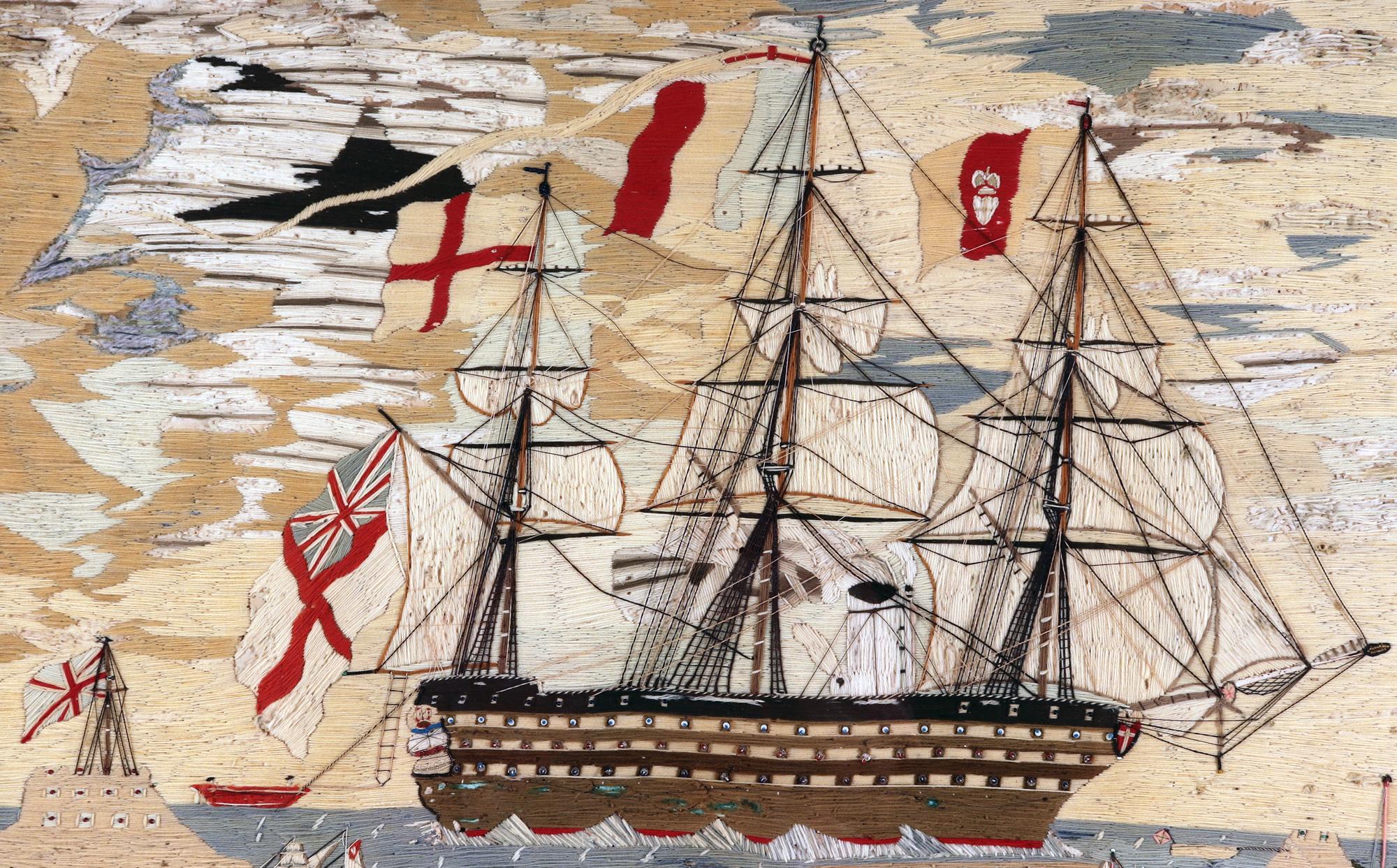 Folk Art Sailor's Woolwork of Large Proportions with Multiple Ships
