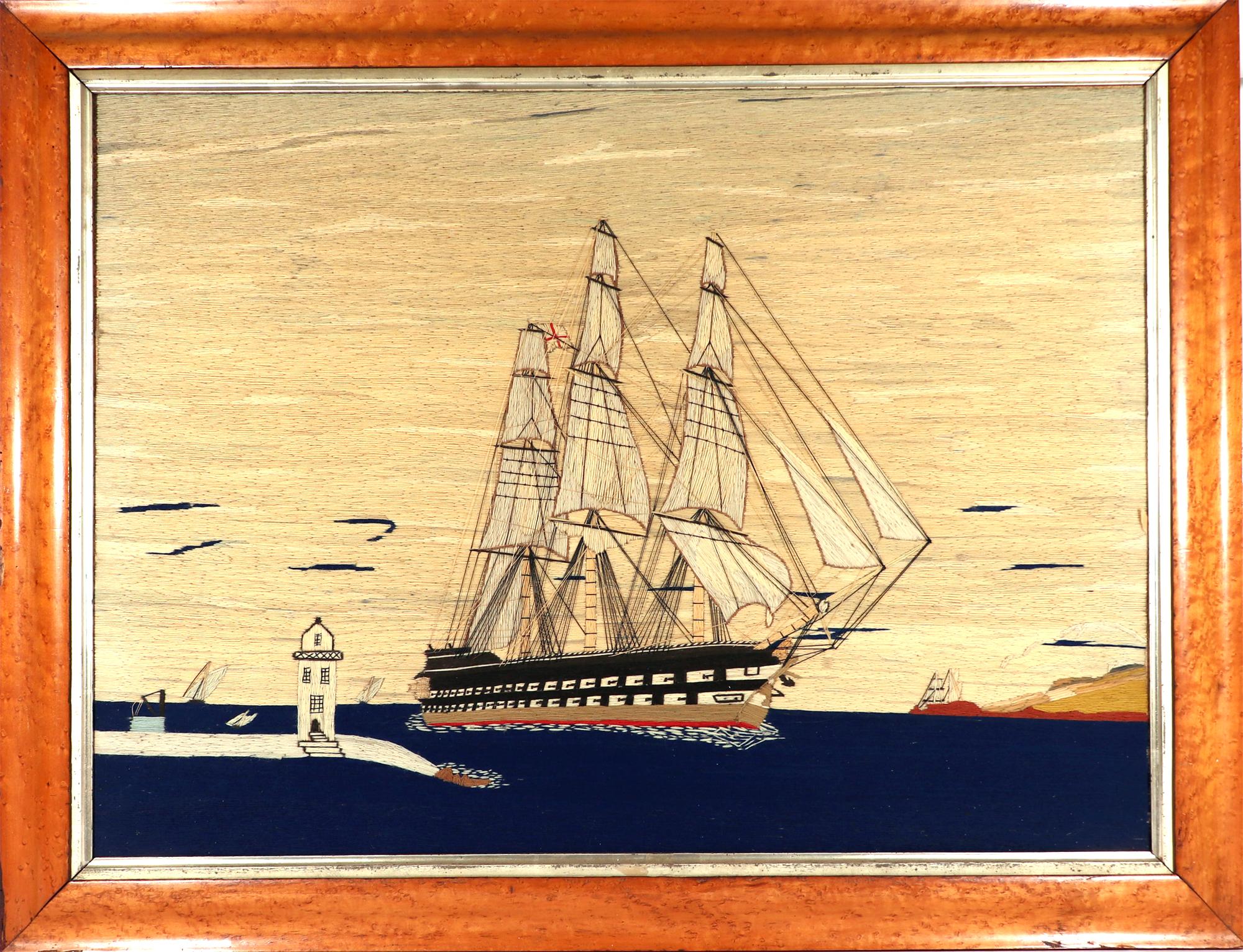 Sailor's Woolwork of Royal Navy Second Rate Battleship Coming into Port,
Circa 1865

The British sailor's woolwork has a dramatic view of a Royal Navy Second Rate Battleship coming into port dynamically, showing a starboard view from the front,