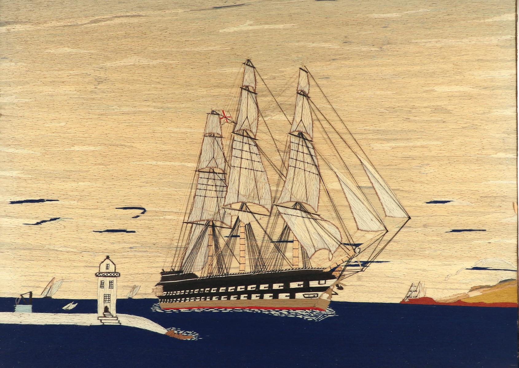 Folk Art Sailor's Woolwork of Royal Navy Battleship Coming Into Port For Sale