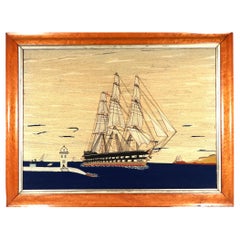 Antique Sailor's Woolwork of Royal Navy Battleship Coming Into Port