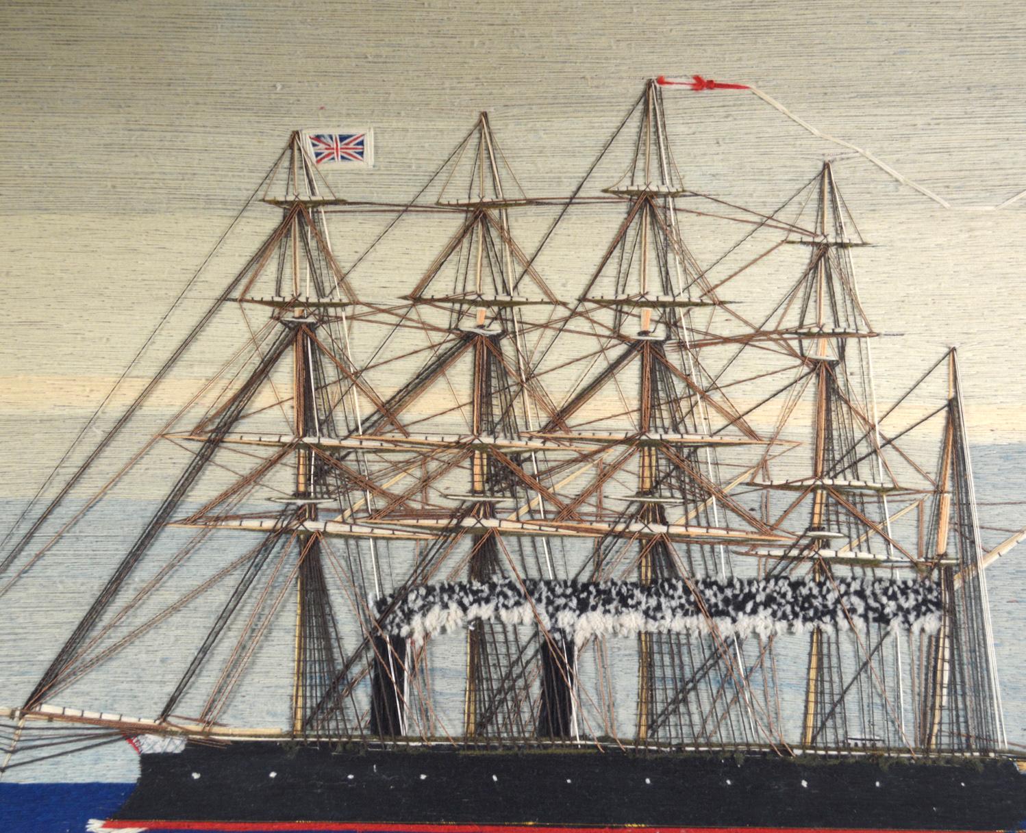 Sailor's Woolwork of Royal Navy Fünfmastschiff unter Dampf, 
HMS Minotaur oder HMS Agincourt,
Minotaur Class Broadside Ironclad,
Um 1880

Die Seemannswolle zeigt die Backbordansicht eines Fünfmasters, der unter Dampf steht, der als französische