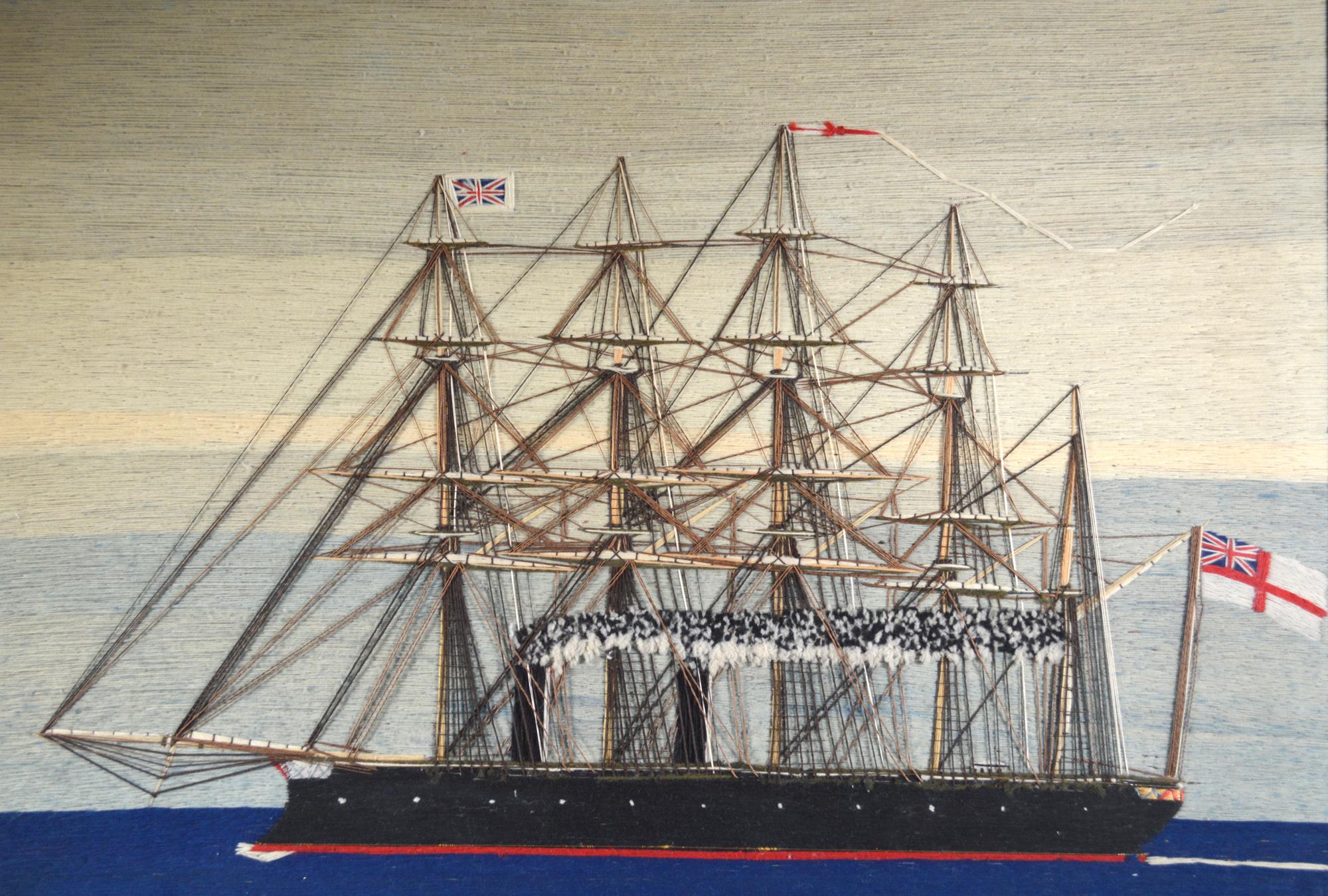 Sailor's Woolwork der Royal Navy, fünfmastiges Schiff unter Dampf, Minotaur-Klasse (Volkskunst) im Angebot