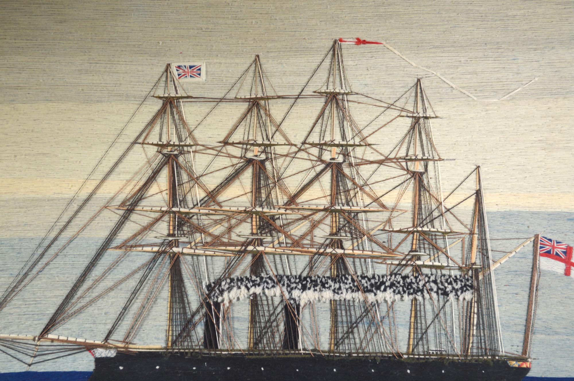Folk Art Sailor's Woolwork of Royal Navy Five-Masted Ship under Steam, Minotaur Class For Sale