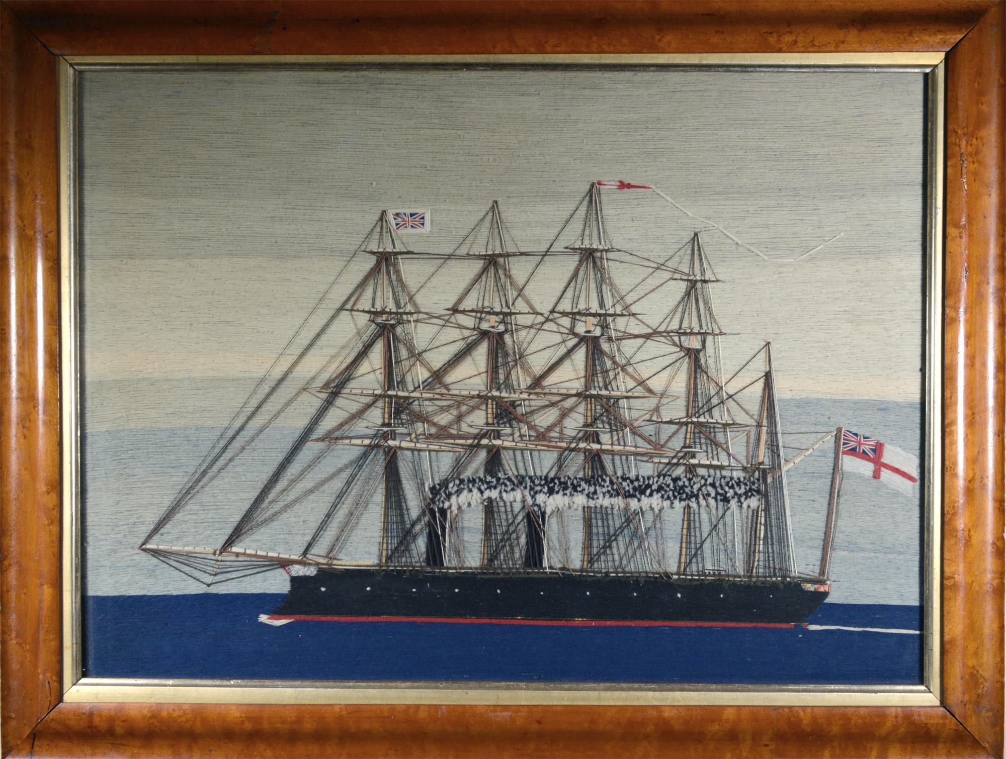 English Sailor's Woolwork of Royal Navy Five-Masted Ship under Steam, Minotaur Class For Sale