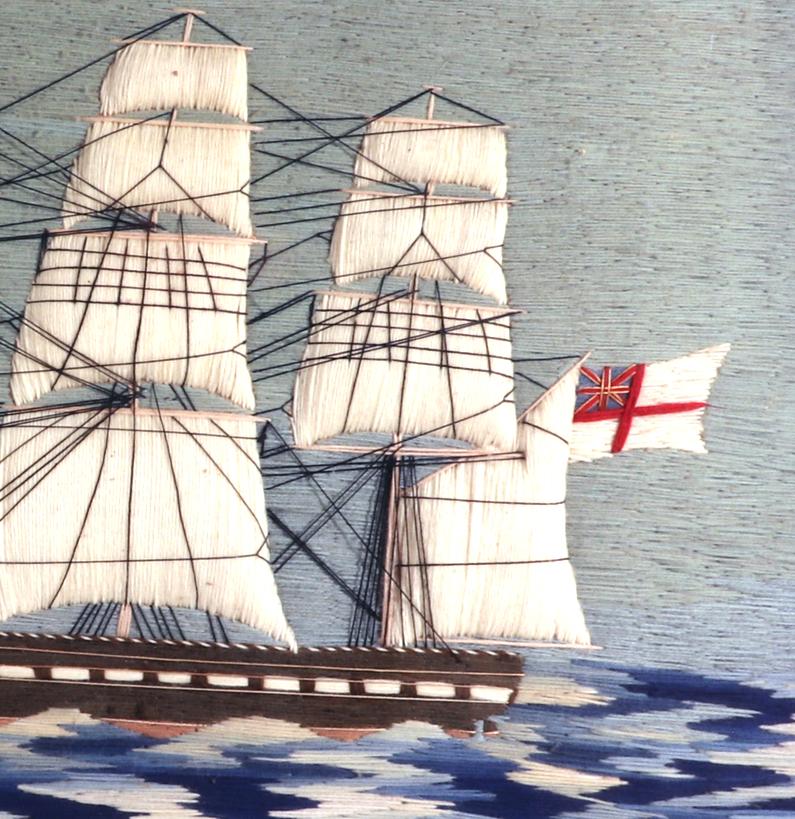 Lana de Marinero Británico de la Marina Real Británica en un Insólito Mar de Cuadros,
hacia 1865

La lana de marinero británica representa una vista a babor de un barco de tres mástiles con velas blancas de trapunto sobre un mar embravecido