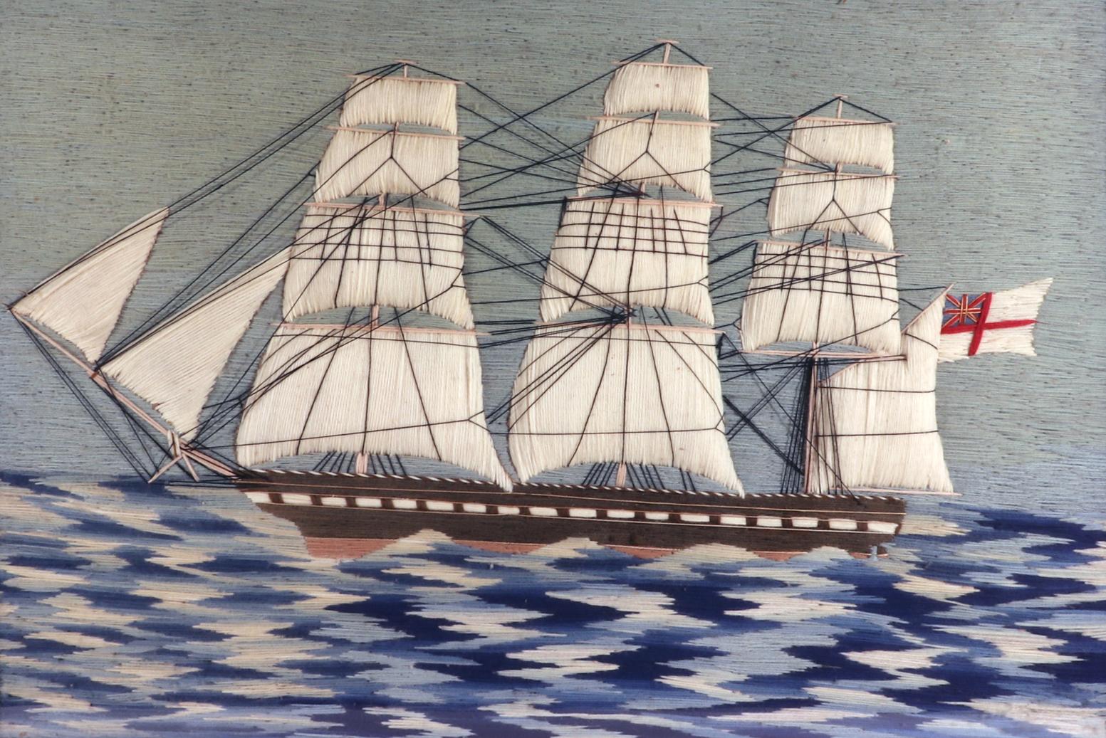 Folk Art Sailor's Woolwork of Royal Navy on Checkerboard Sea For Sale