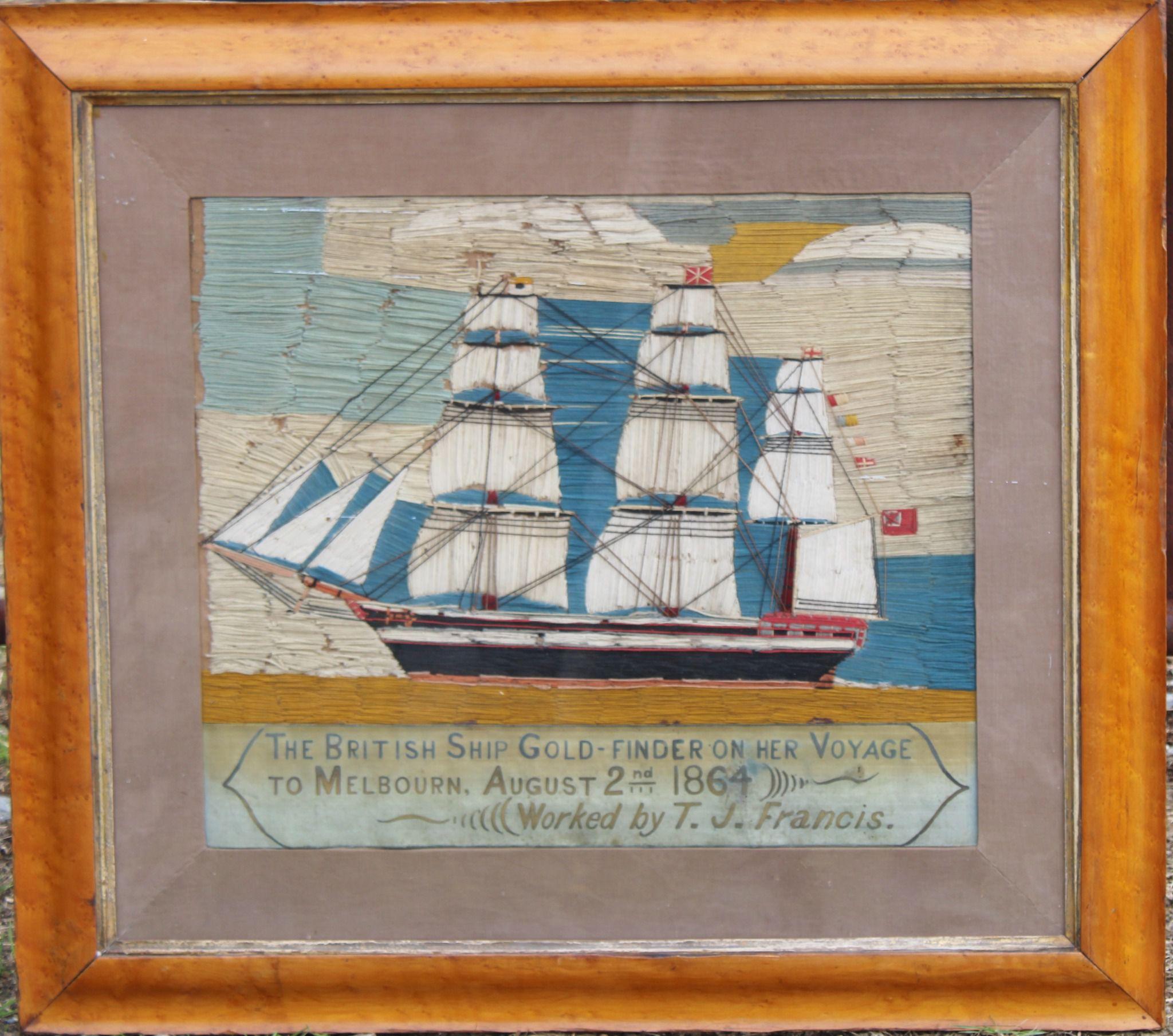 Folk Art Sailor's Woolwork of The British Ship Gold Finder on her voyage to Australia For Sale