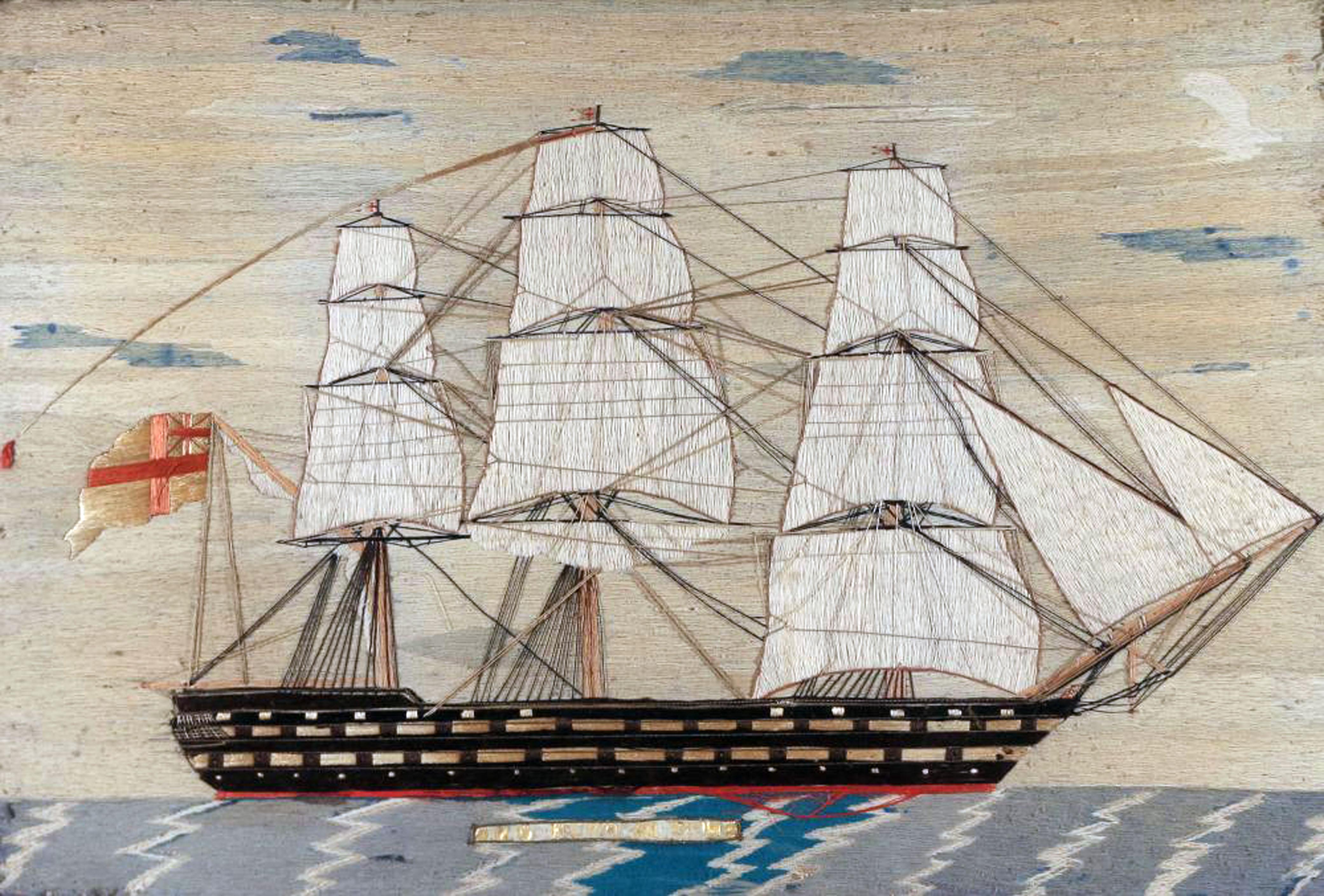 Sailor's woolwork picture of a ship, 
HMS Hero,
circa 1870.

A large starboard side view of a fully-dressed ship sailing on a white-capped sea.

Dimensions: 25 1/2 inches x 35 1/2 inches wide

This is ship was the fourth named Hero it was a