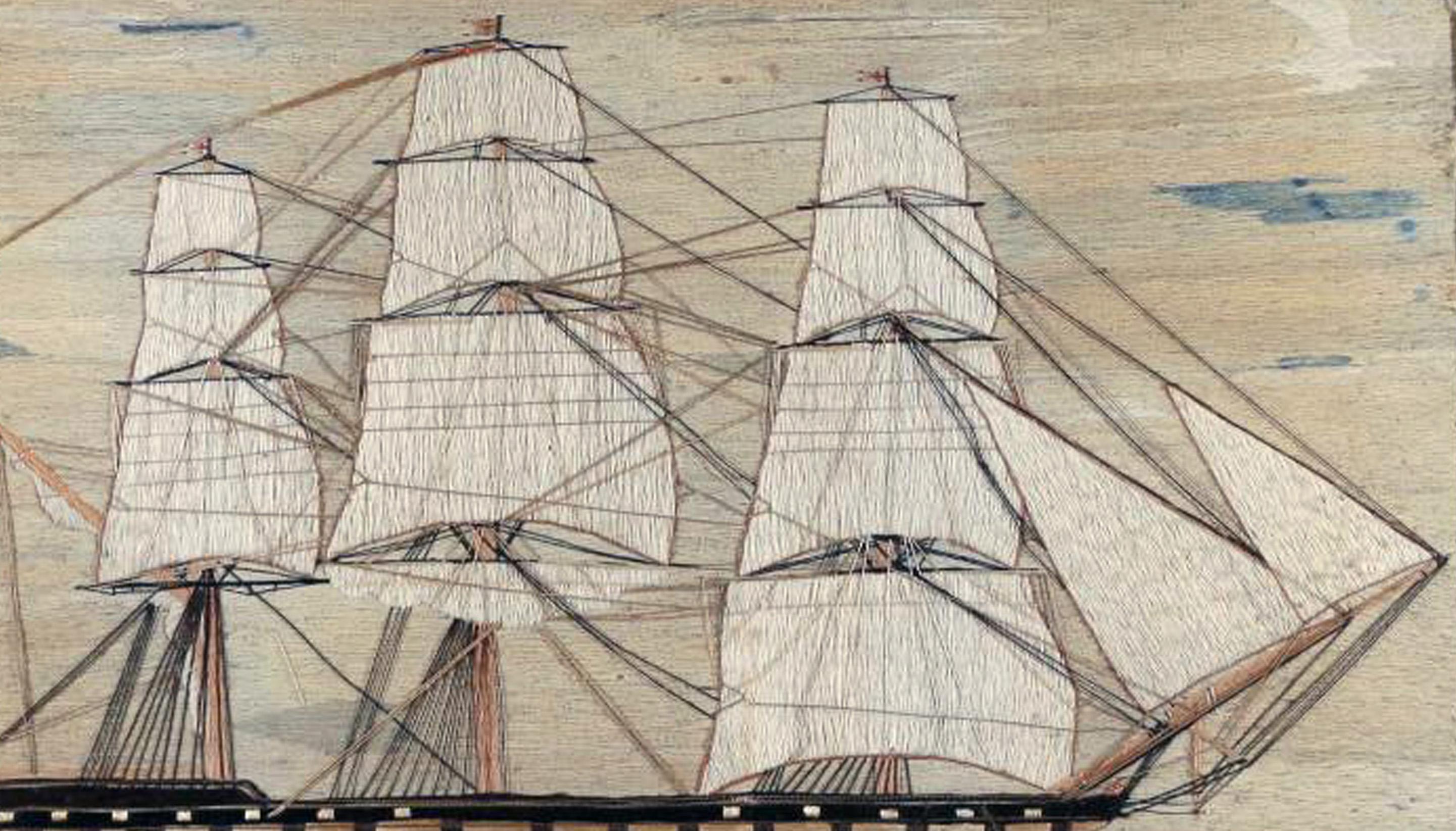 Folk Art Sailor's Woolwork Picture of a Ship, Hms Hero, circa 1870