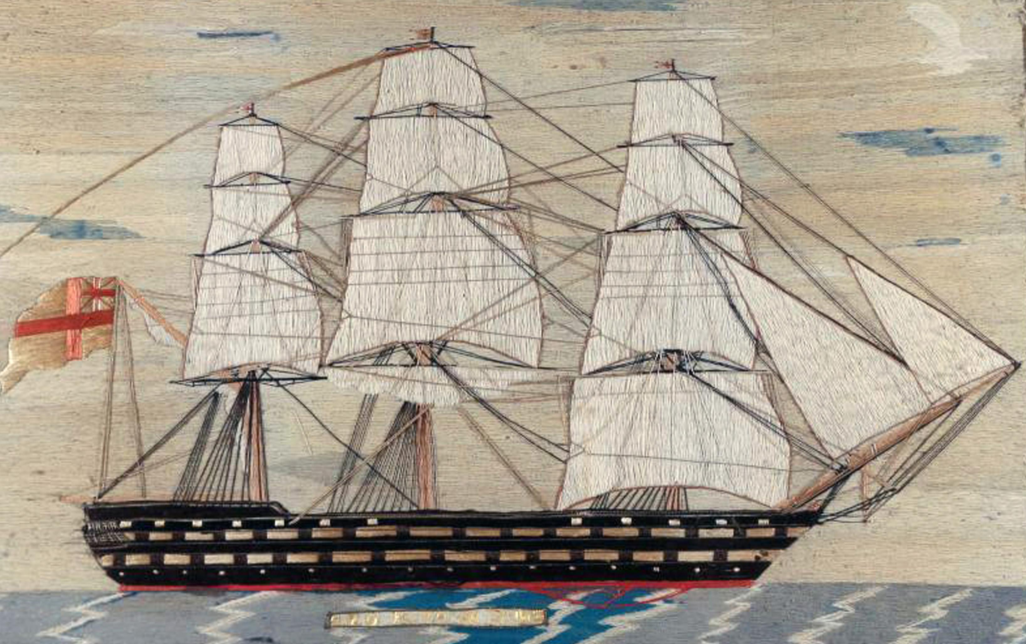 English Sailor's Woolwork Picture of a Ship, Hms Hero, circa 1870