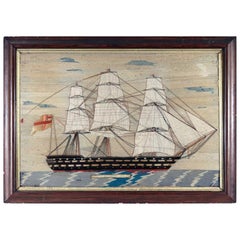 Antique Sailor's Woolwork Picture of a Ship, Hms Hero, circa 1870