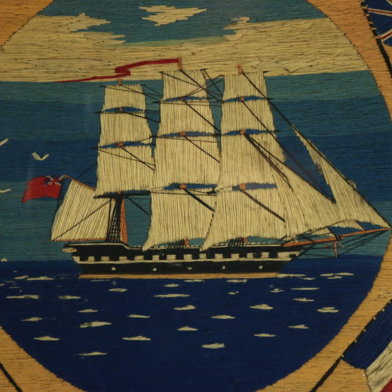 Sailor's Woolwork Picture of a Ship with American Flag In Good Condition For Sale In Chelmsford, Essex