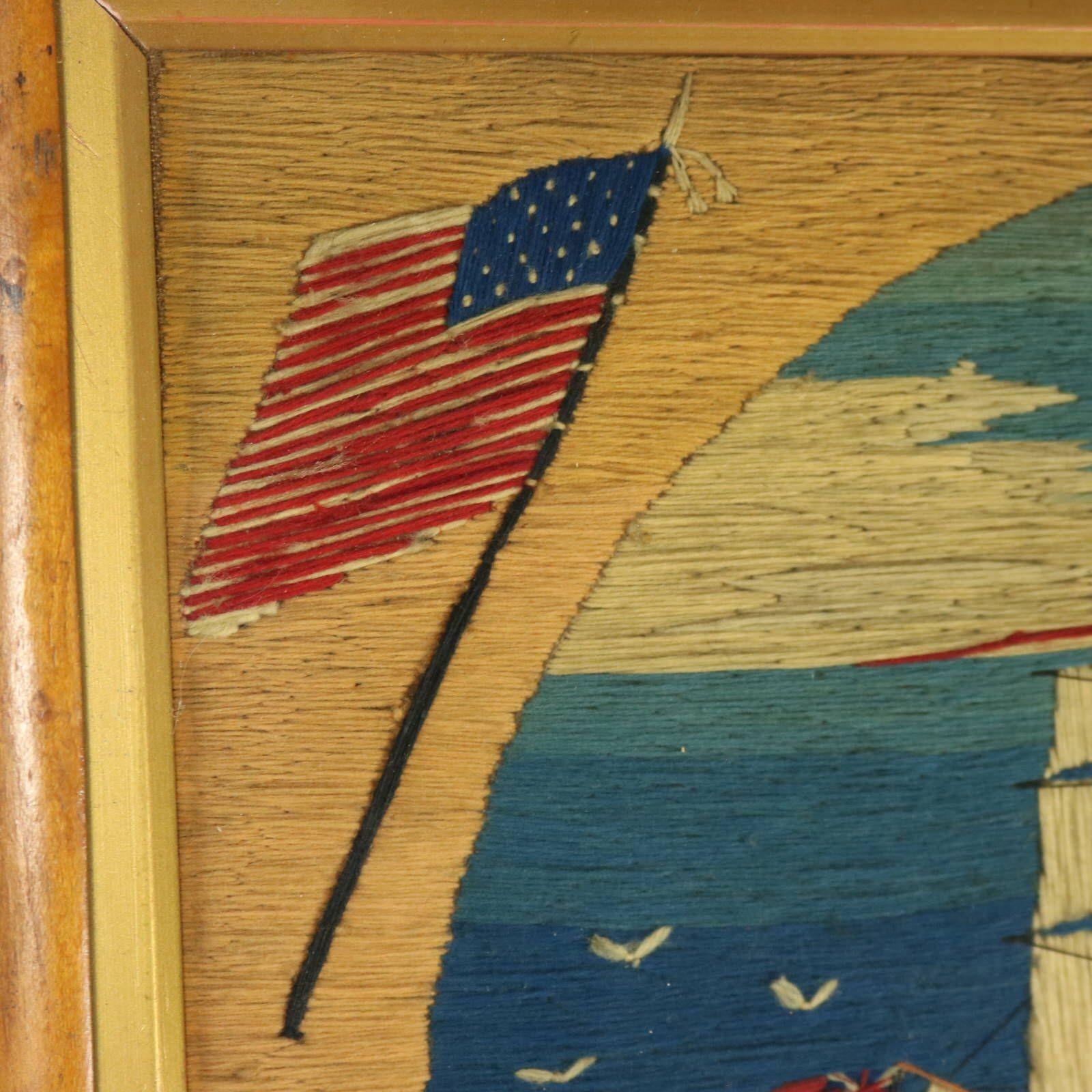 19th Century Sailor's Woolwork Picture of a Ship with American Flag For Sale