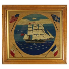 Sailor's Woolwork Picture of a Ship with American Flag