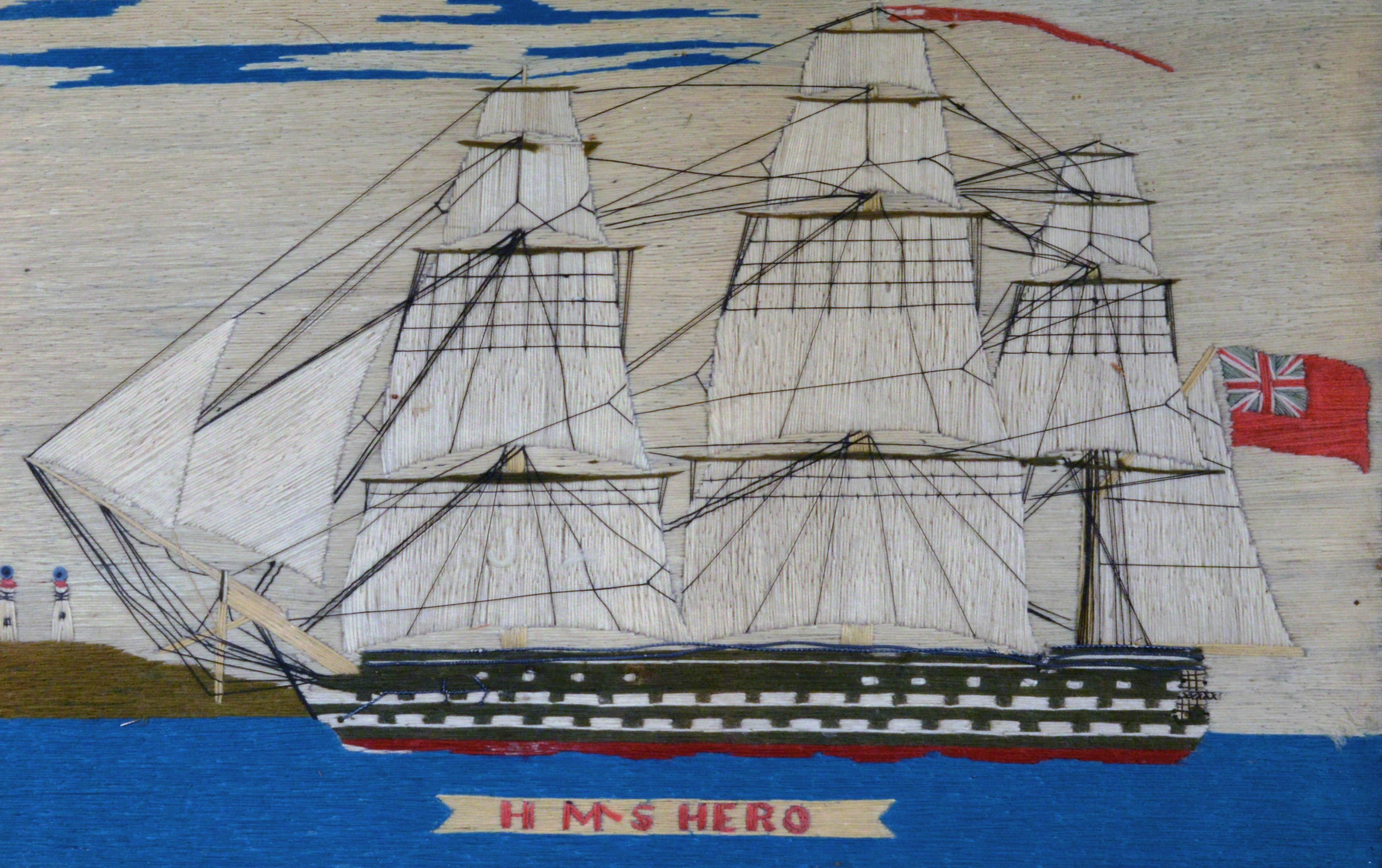 Sailor's woolwork picture of HMS Hero,
circa 1760-1764
  

The named ship, HMS Hero, is depicted in this sailor's woolie coming into port flying a Red Ensign and under full sail. All within a mahogany frame. Sewn below the ship on the dark blue