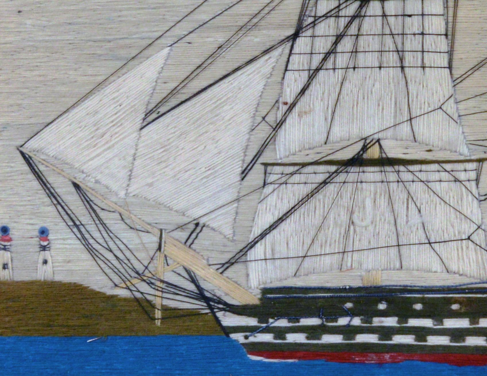 Folk Art Sailor's Woolwork Picture of HMS Hero, circa 1760-1764