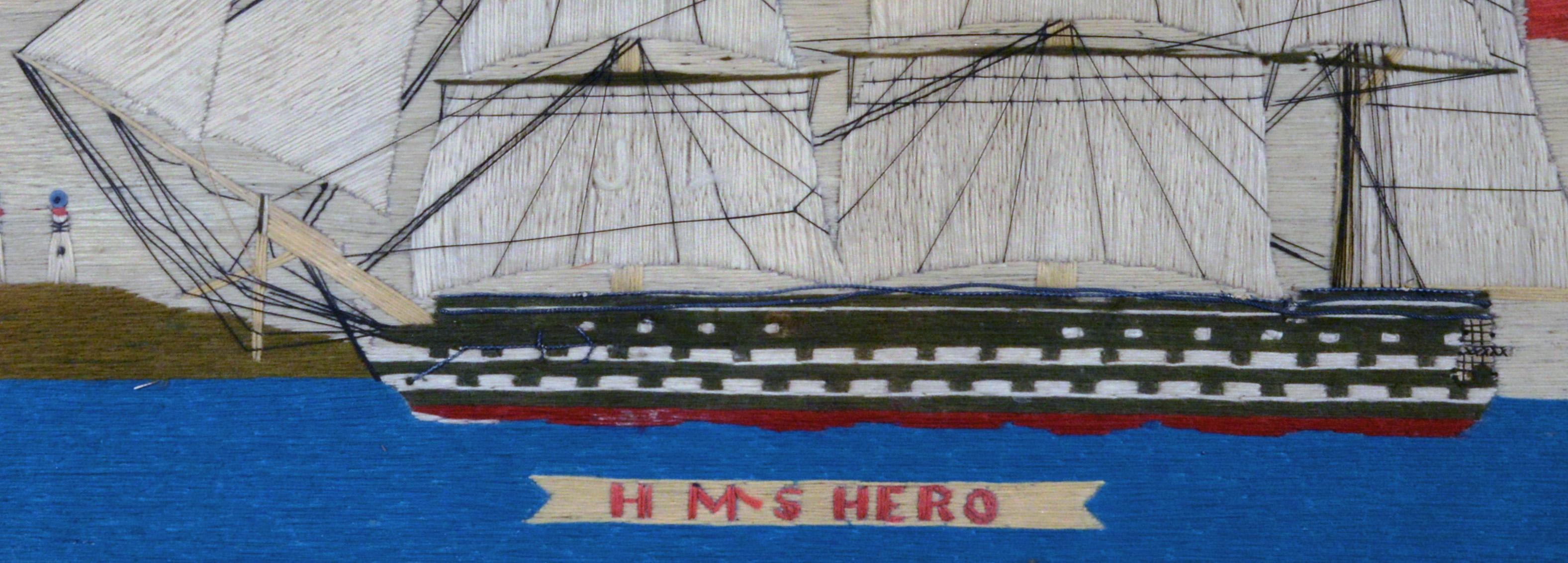 Sailor's Woolwork Picture of HMS Hero, circa 1760-1764 In Good Condition In Downingtown, PA