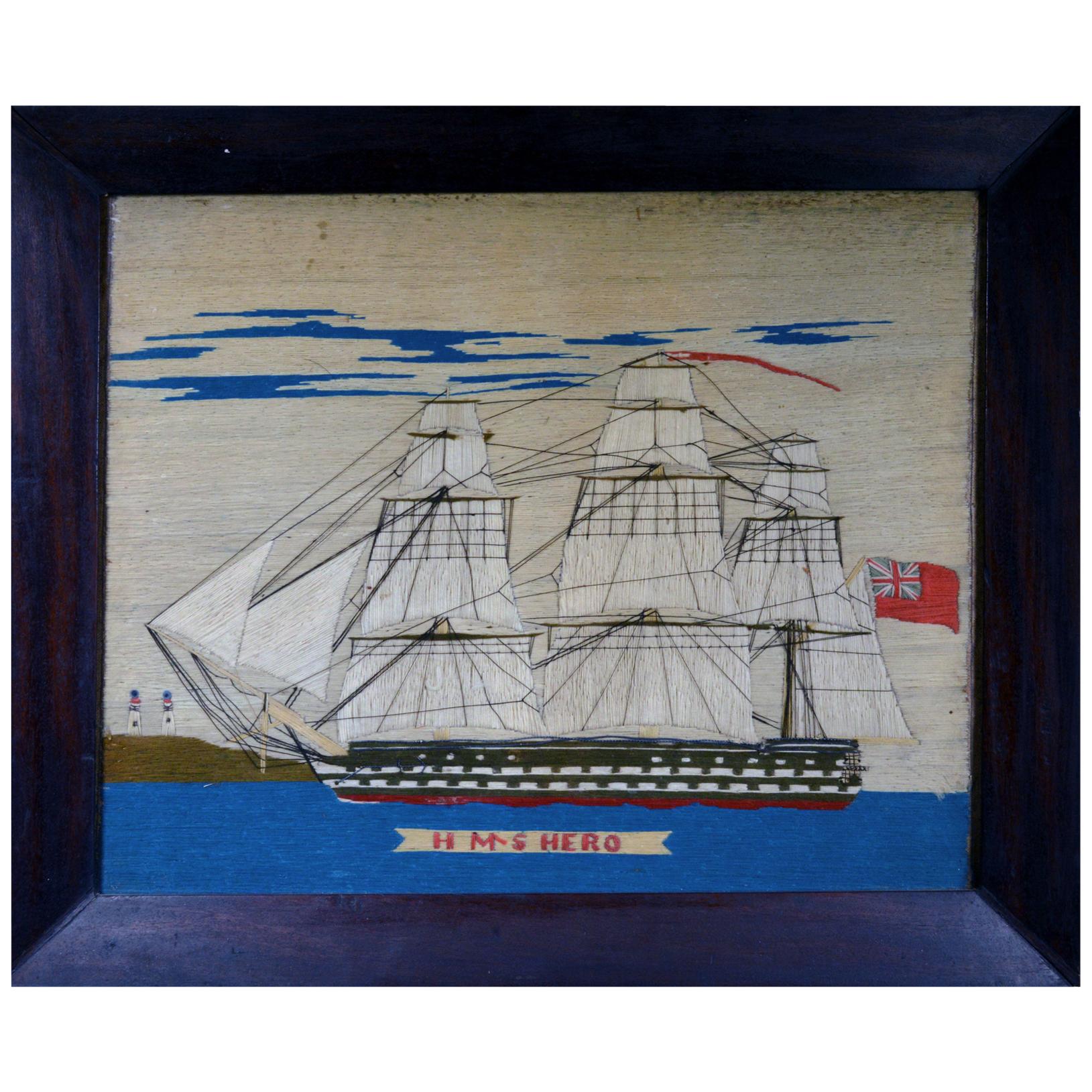 Sailor's Woolwork Picture of HMS Hero, circa 1760-1764