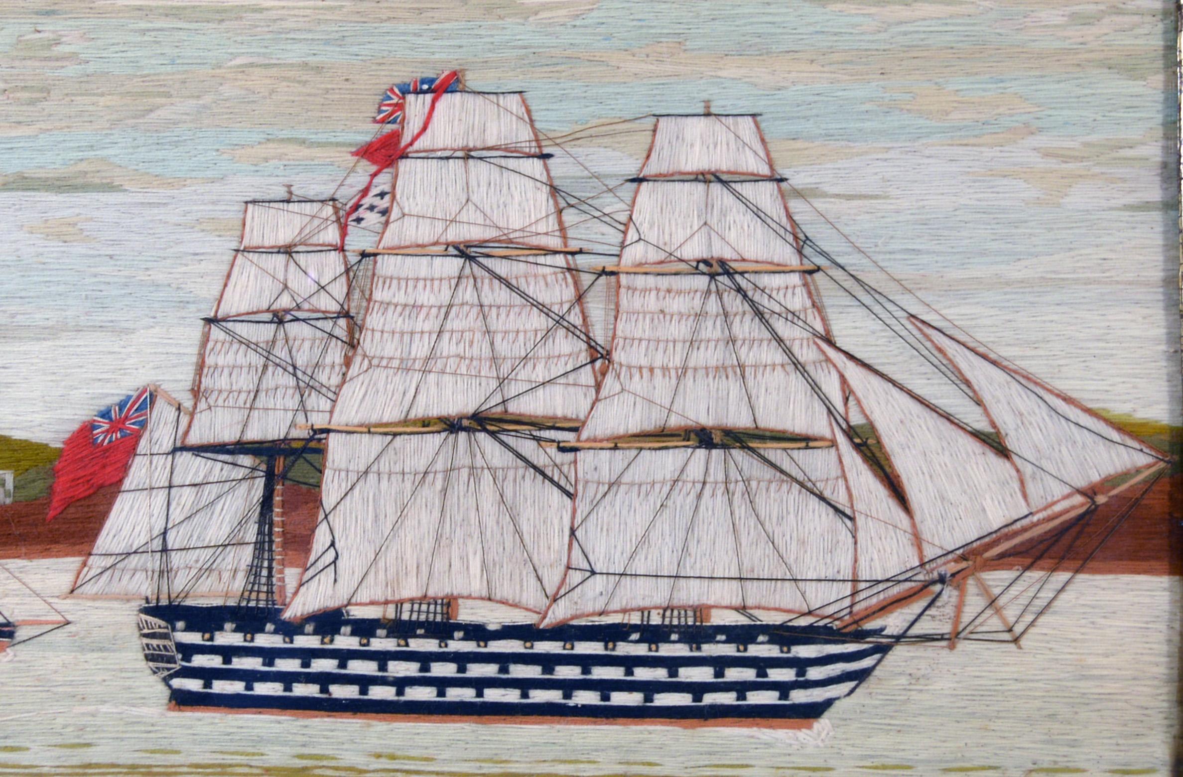 Folk Art Sailor's Woolwork Picture of Two Royal Navy Ships including a First Rate