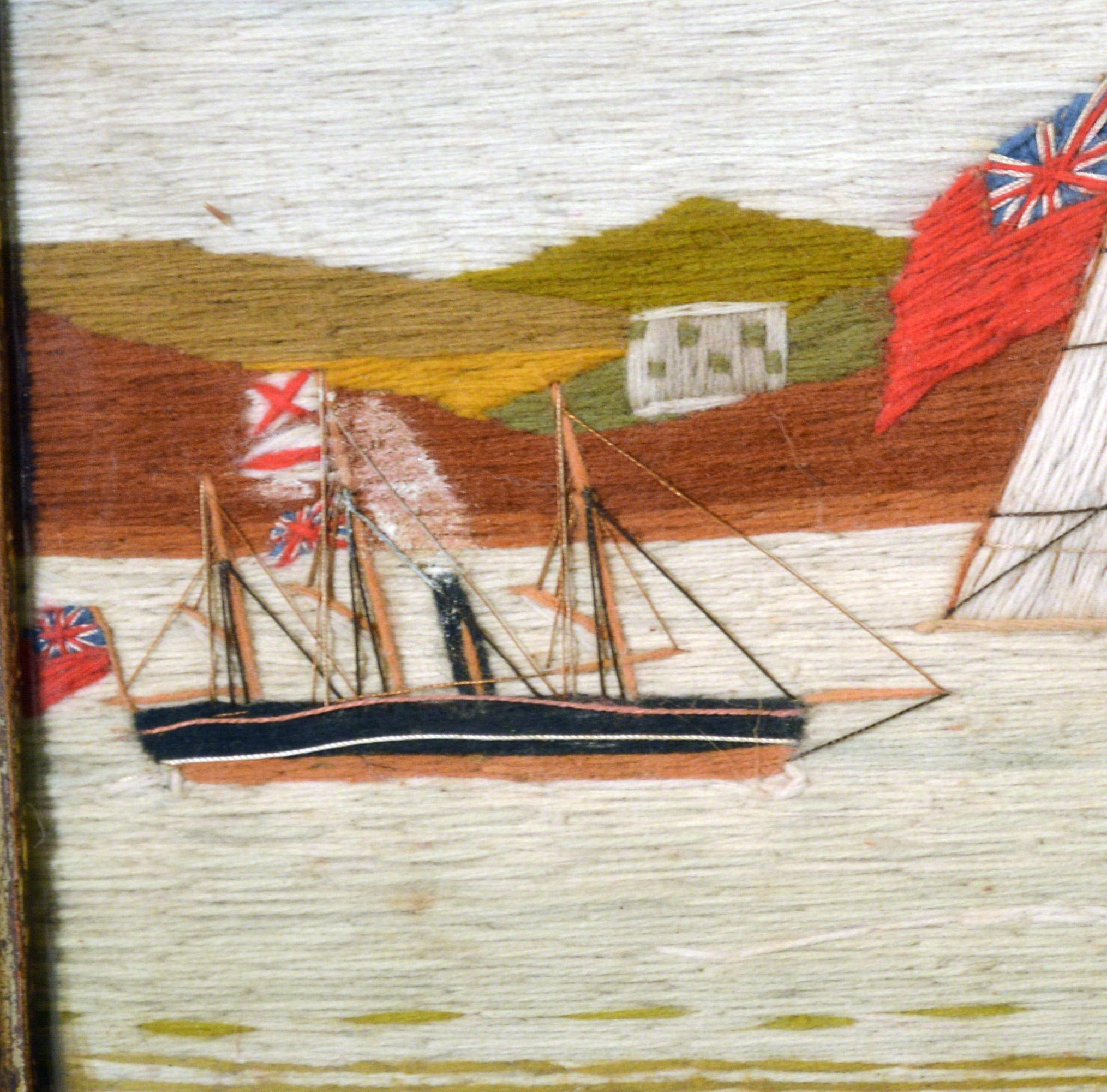 Sailor's Woolwork Picture of Two Royal Navy Ships including a First Rate In Good Condition In Downingtown, PA