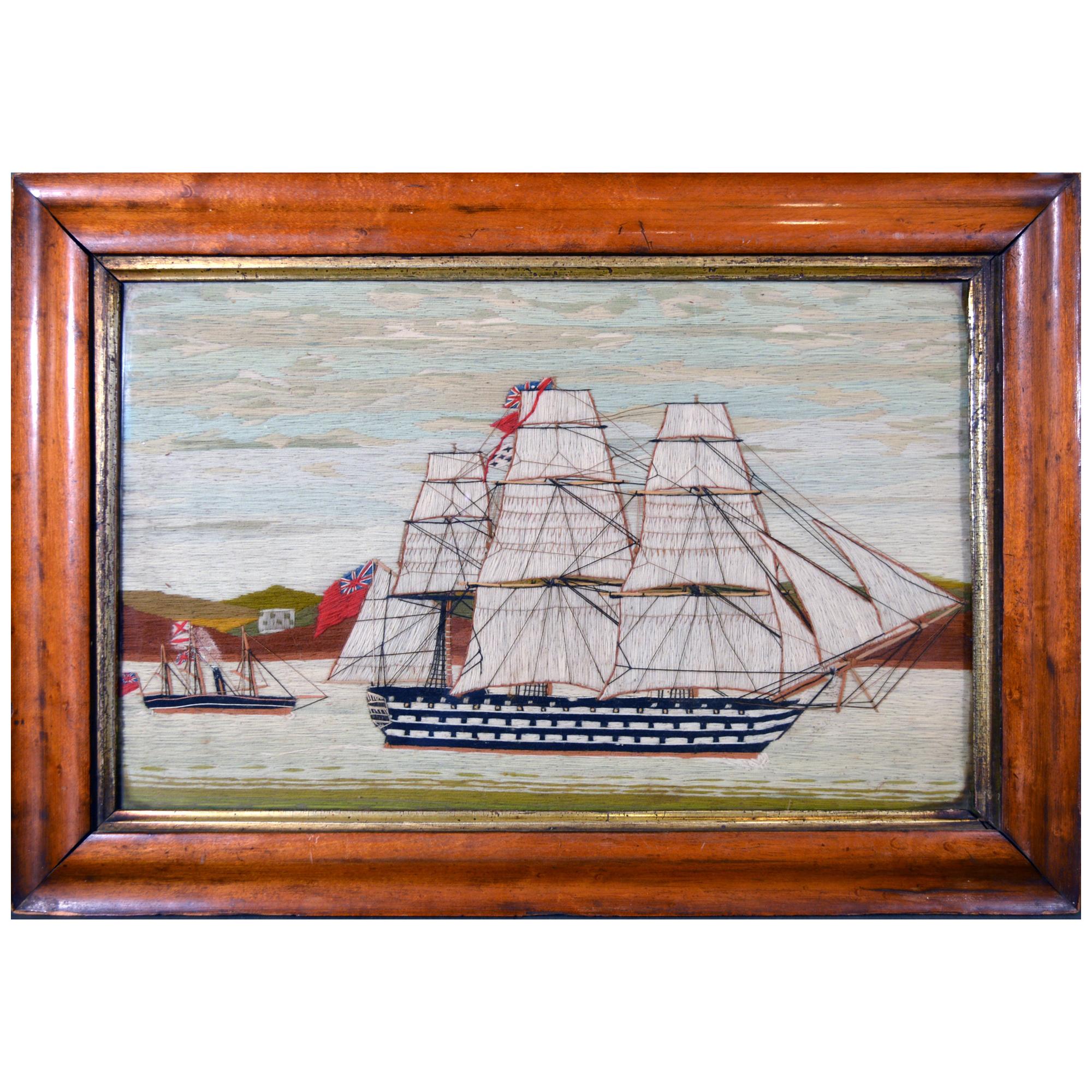 Sailor's Woolwork Picture of Two Royal Navy Ships including a First Rate
