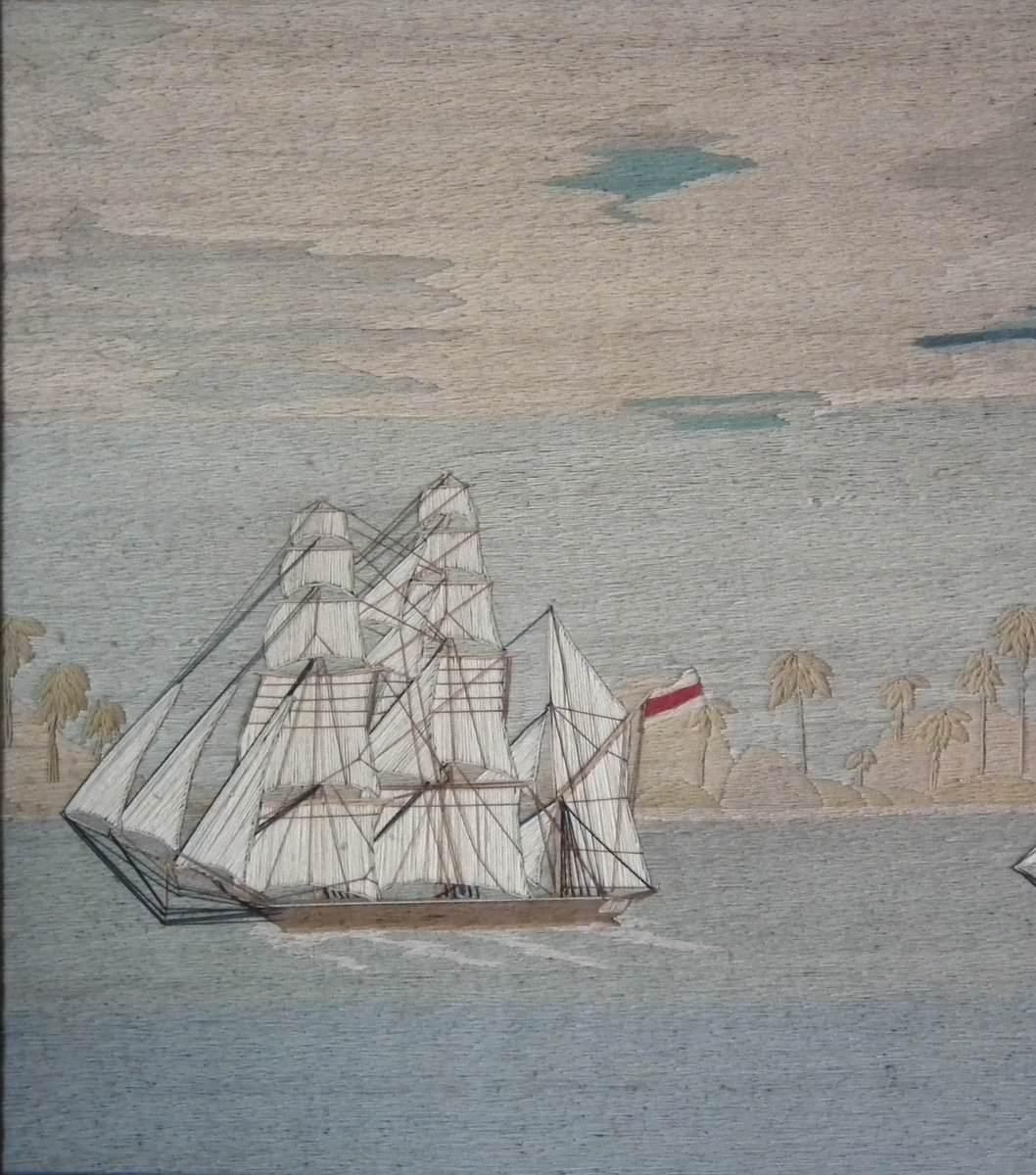 Folk Art Sailor's Woolwork Picture of Two Ships in Tropical Waters