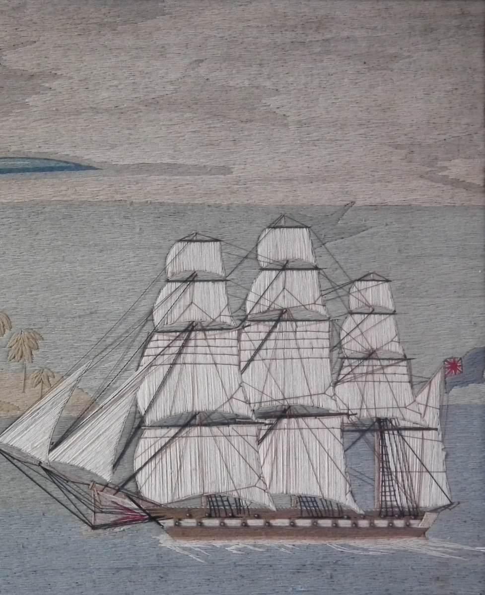 English Sailor's Woolwork Picture of Two Ships in Tropical Waters