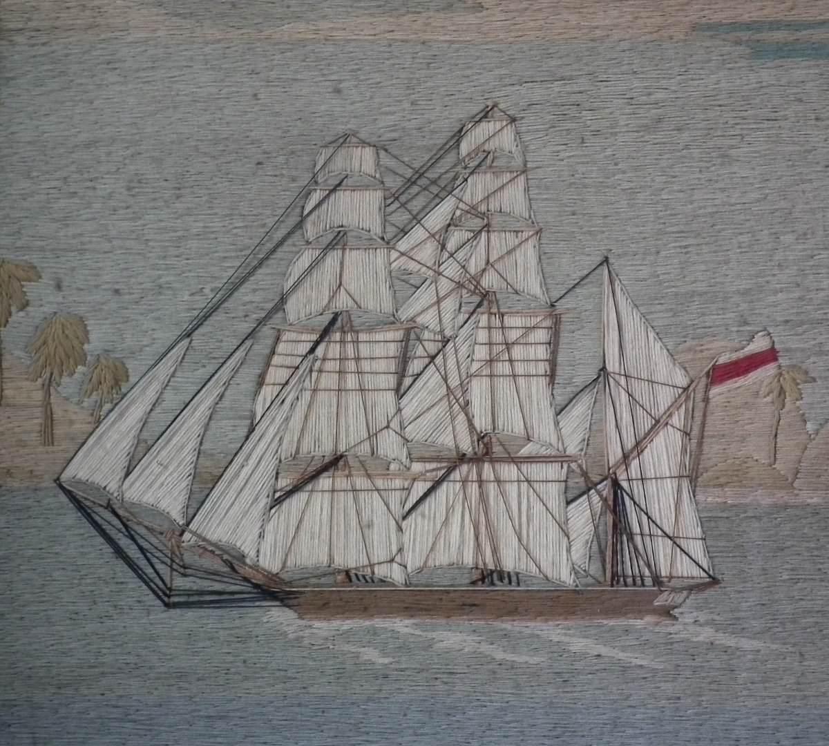 Sailor's Woolwork Picture of Two Ships in Tropical Waters In Good Condition In Chelmsford, Essex
