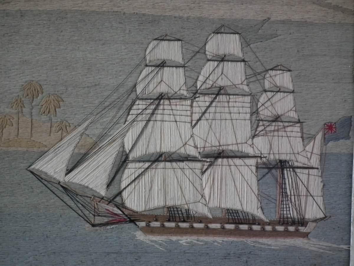 Late 19th Century Sailor's Woolwork Picture of Two Ships in Tropical Waters