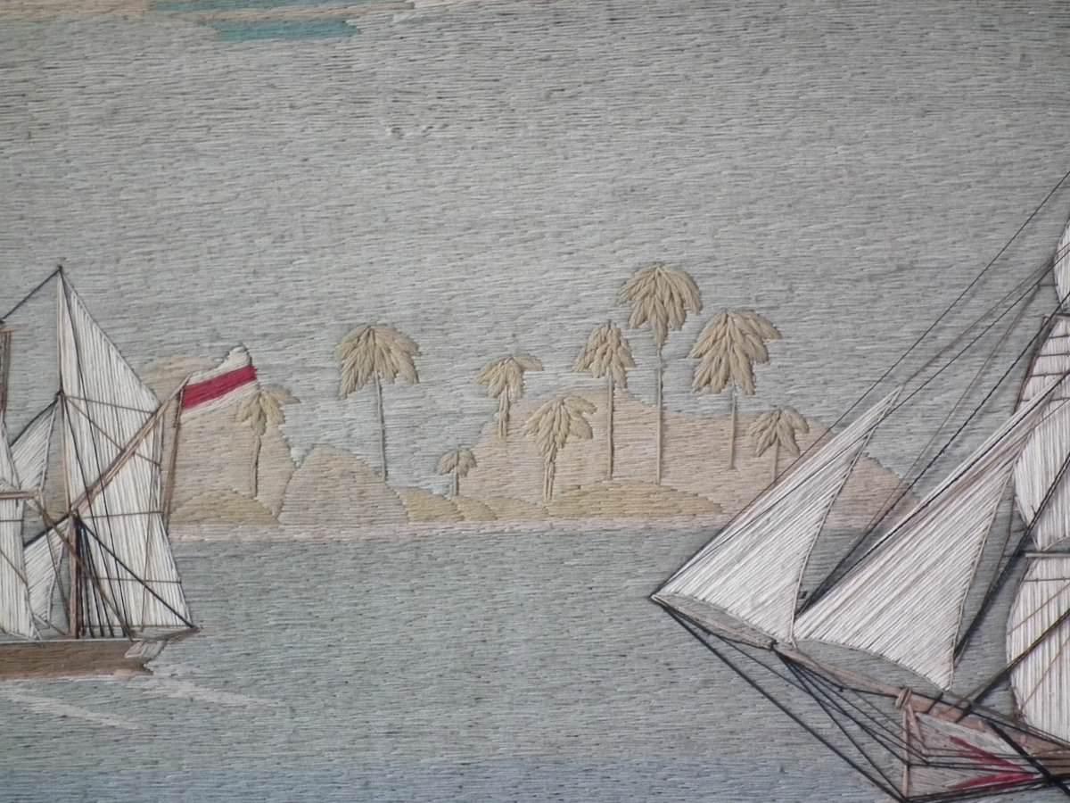 Thread Sailor's Woolwork Picture of Two Ships in Tropical Waters
