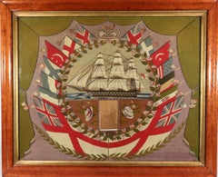 Sailor's Woolwork Picture, Royal Navy Ship & Flags of All Nations, circa 1875