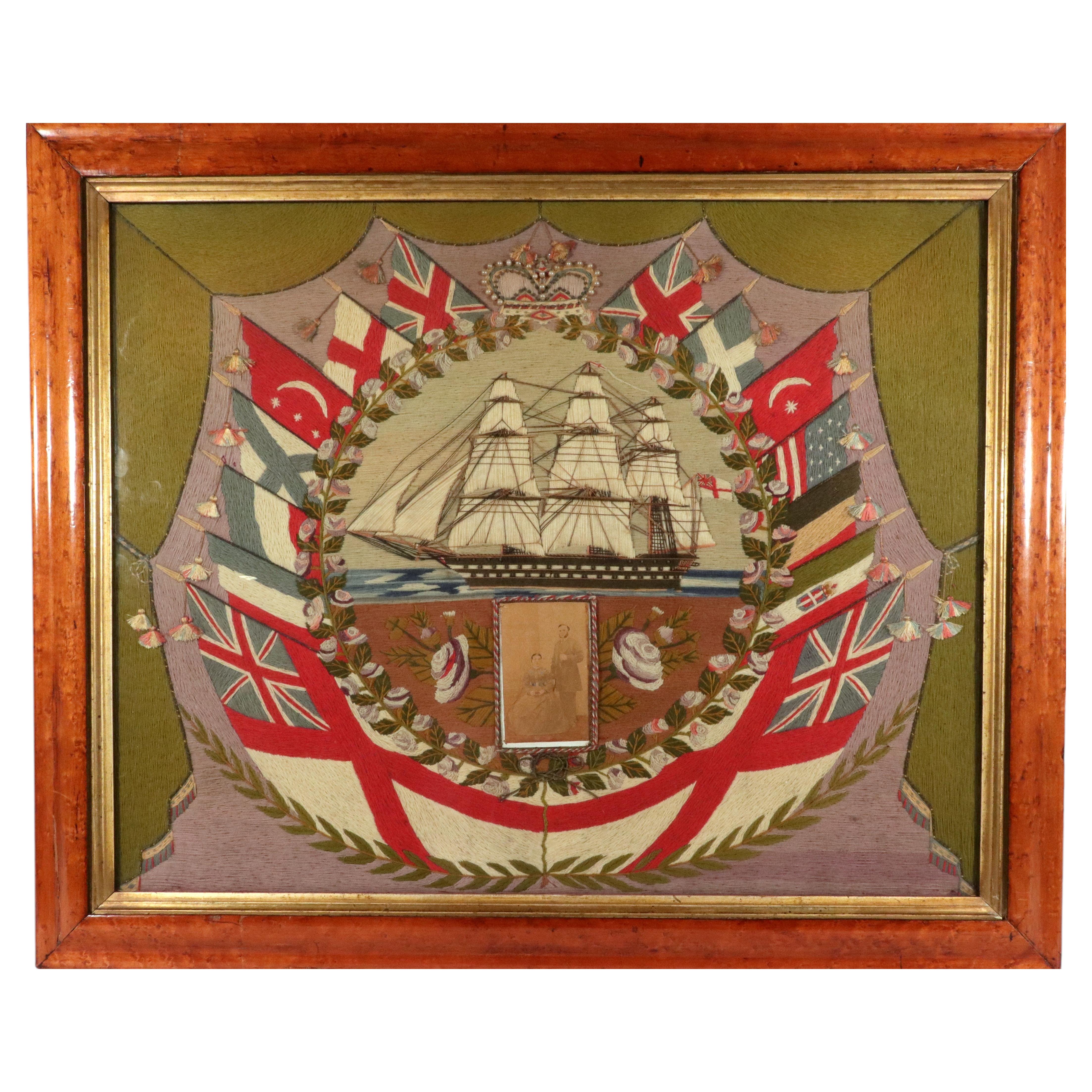 Sailor's Woolwork Picture, Royal Navy Ship & Flags of All Nations, circa 1875