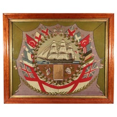 Sailor's Woolwork Picture, Royal Navy Ship & Flags of All Nations, circa 1875