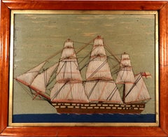 Sailor's Woolwork Picture, Royal Navy Ship, Padded Trapunto Sails, circa 1865