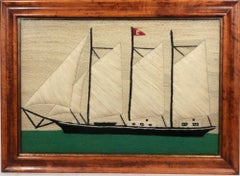 Broderie sur laine représentant une goélette à trois mâts toutes voiles dehors, britannique, CIRCA 1900