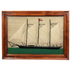 Broderie sur laine représentant une goélette à trois mâts toutes voiles dehors, britannique, CIRCA 1900