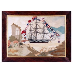 Antique Sailor's Woolwork with Fully Dressed Ship at Anchor in Bay with Deer and Ruin