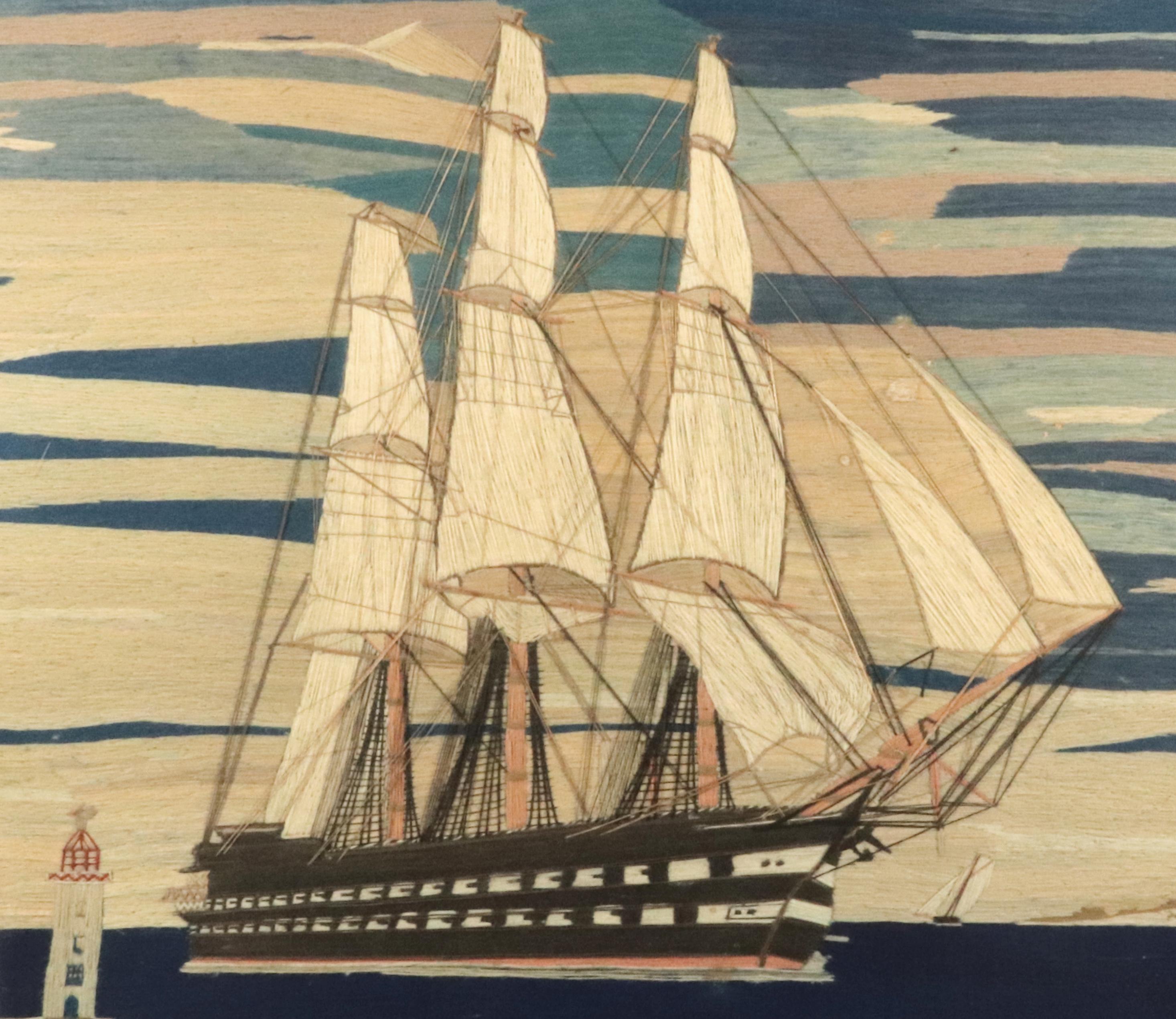 British Sailor's Woolwork Woolie of a Second-Rate Royal Navy Battleship with Unusual Perspective,
circa 1875
 

The large sailor's woolwork depicts a starboard view of a second-rate Royal Navy battleship sailing towards the viewer with a most