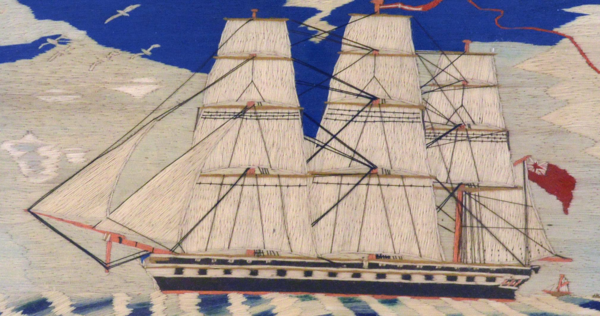 Sailor's Woolwork of a Royal Navy Frigate,
circa 1870-1880.
(VM98341/IMRR)

A sailor’s woolie picture of a portside view of a three-masted Royal Navy frigate under full sail flying a red ensign. In the far distance, beyond the stern, can be seen