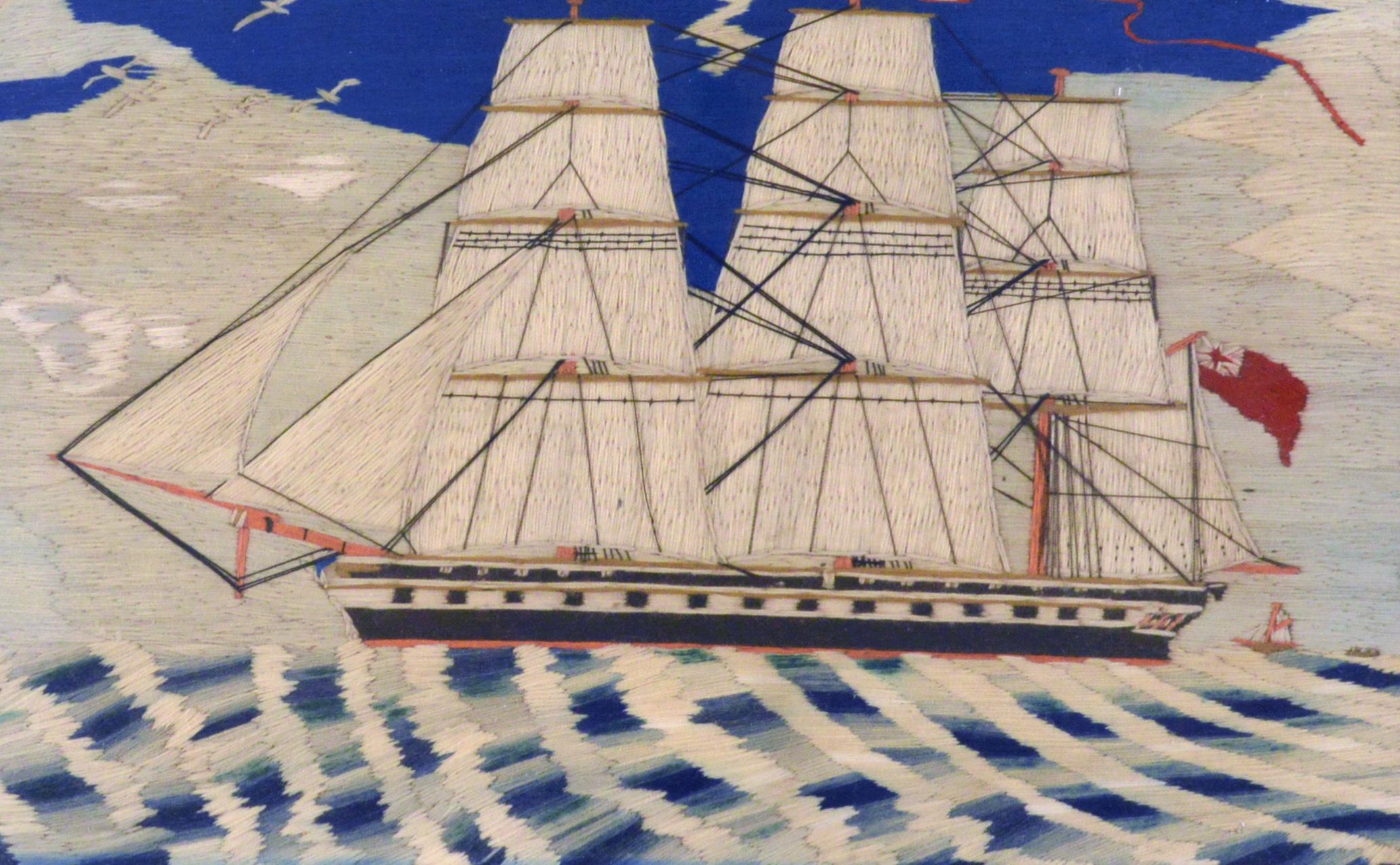 Folk Art Sailor's Woolwork Woolie of a Royal Navy Frigate, circa 1870-1880