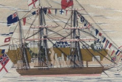 Sailor's Woolwork Woolie of Fully Dressed Ship with Coastal Village on the Shore