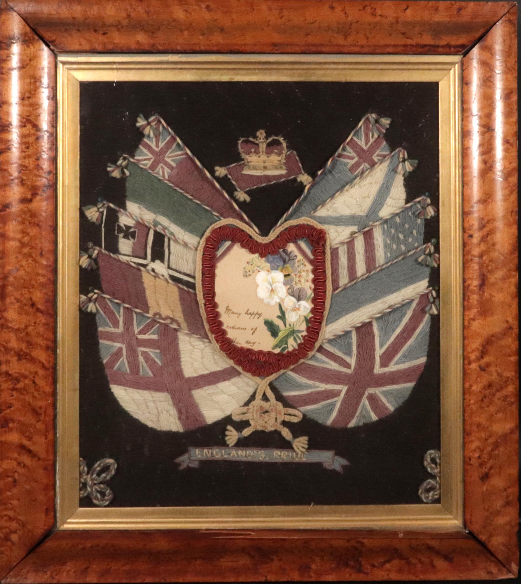 Sailor's Flag of Nations Woolwork with Heart Valentine and Flag Surround,
Circa 1880

The distinctive British sailor's woolwork or woolie showcases a flag designed in a patriotic style. This intricate piece features four flags on each side, framing