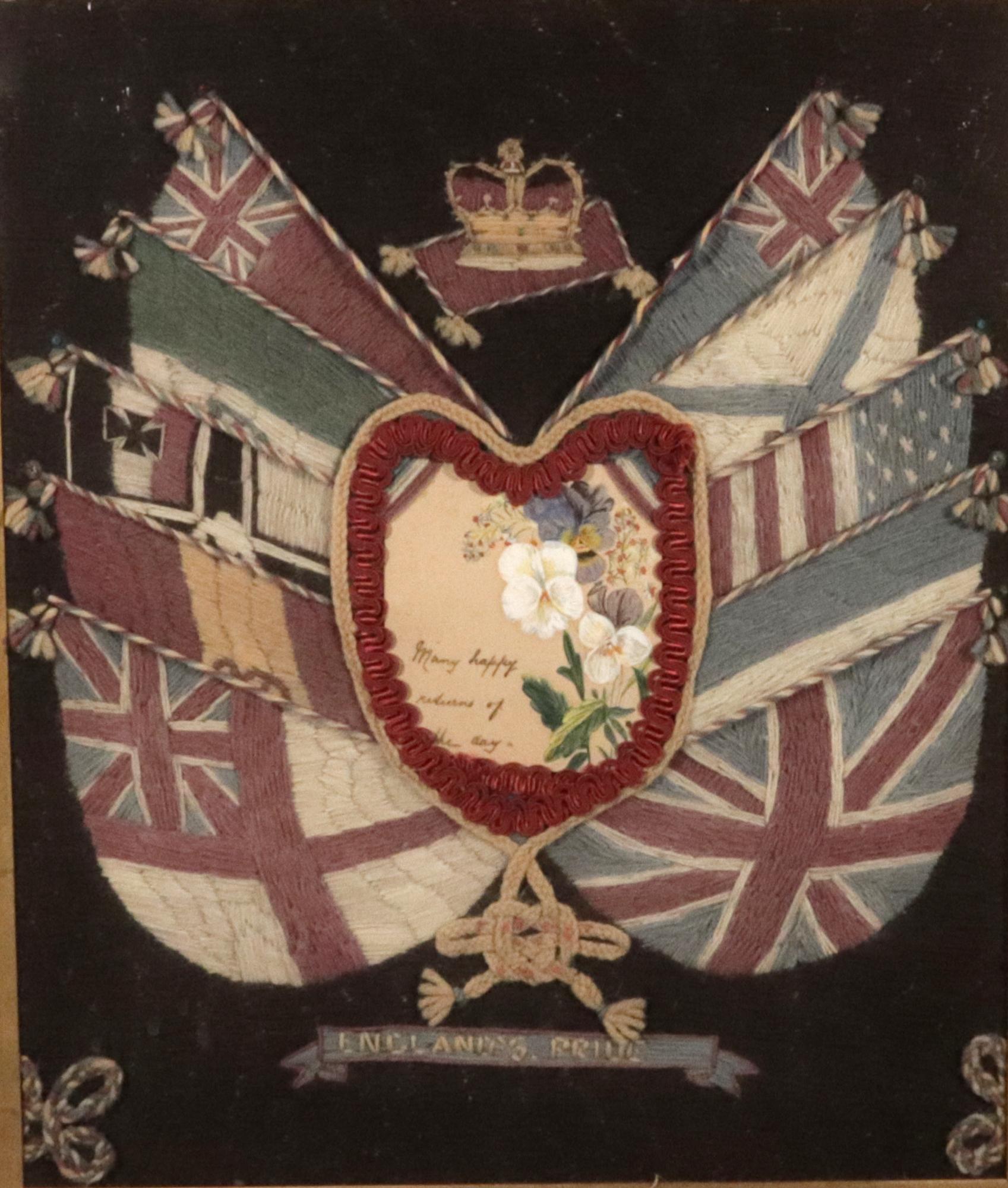 Victorian Sailor's Woolwork (Woolie) with Heart Valentine and Flag Surround For Sale