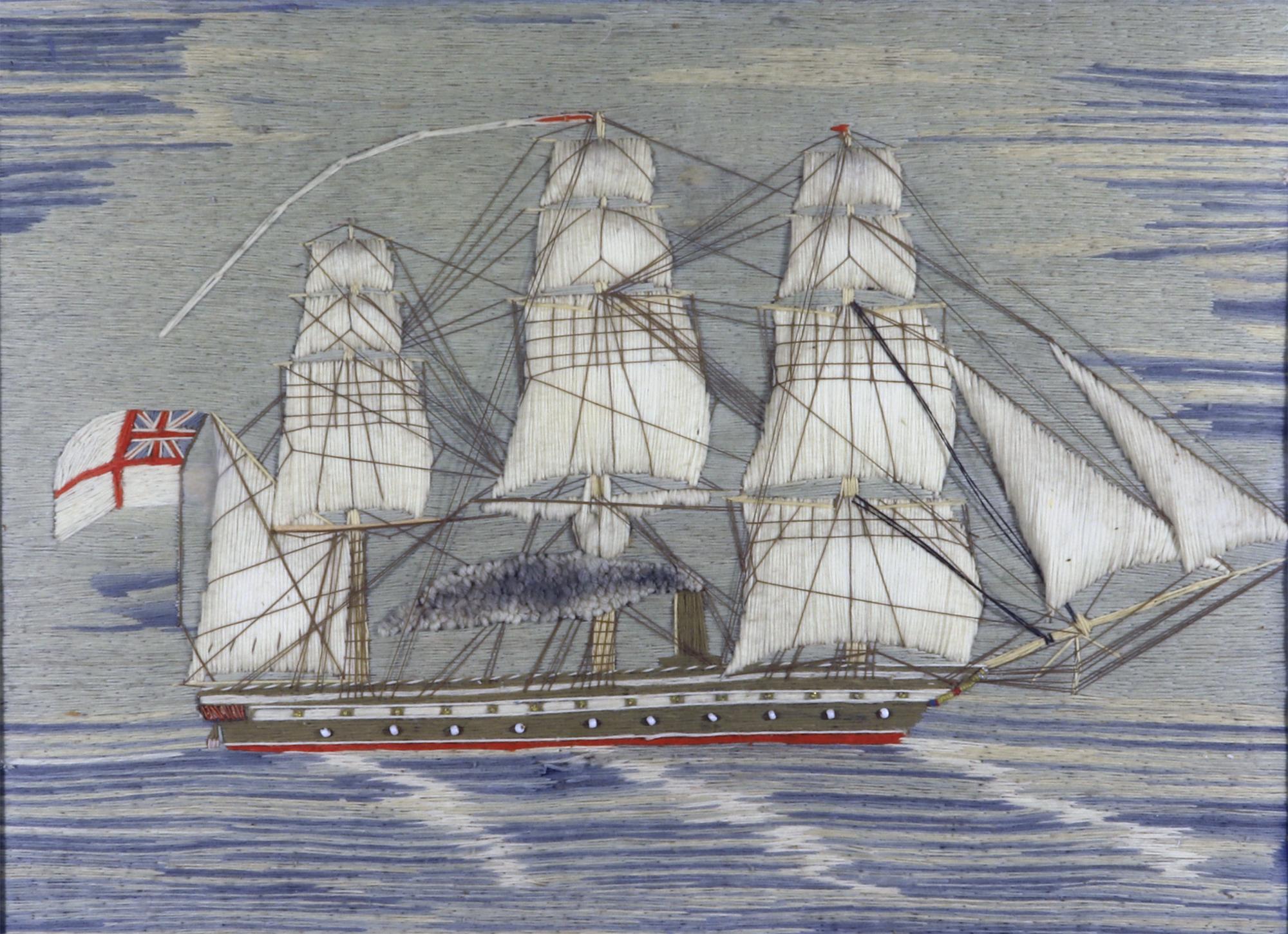 Sailor's Woolwork Woolie with Trapunto Sails, Circa 1875

The sailor's woolwork depicts a starboard view of a three-masted British Royal Navy Vessel flying the White Ensign with a white banner flying from the mainmast under full sail and with